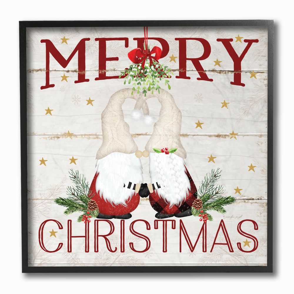 Stupell Industries AB-729-FR-12X12 Merry Christmas Holiday Phrase Gnomes Under Mistletoe Jennifer Pugh Black Framed Wood Framed 12-Inches H x 12-Inches W Novelty Print