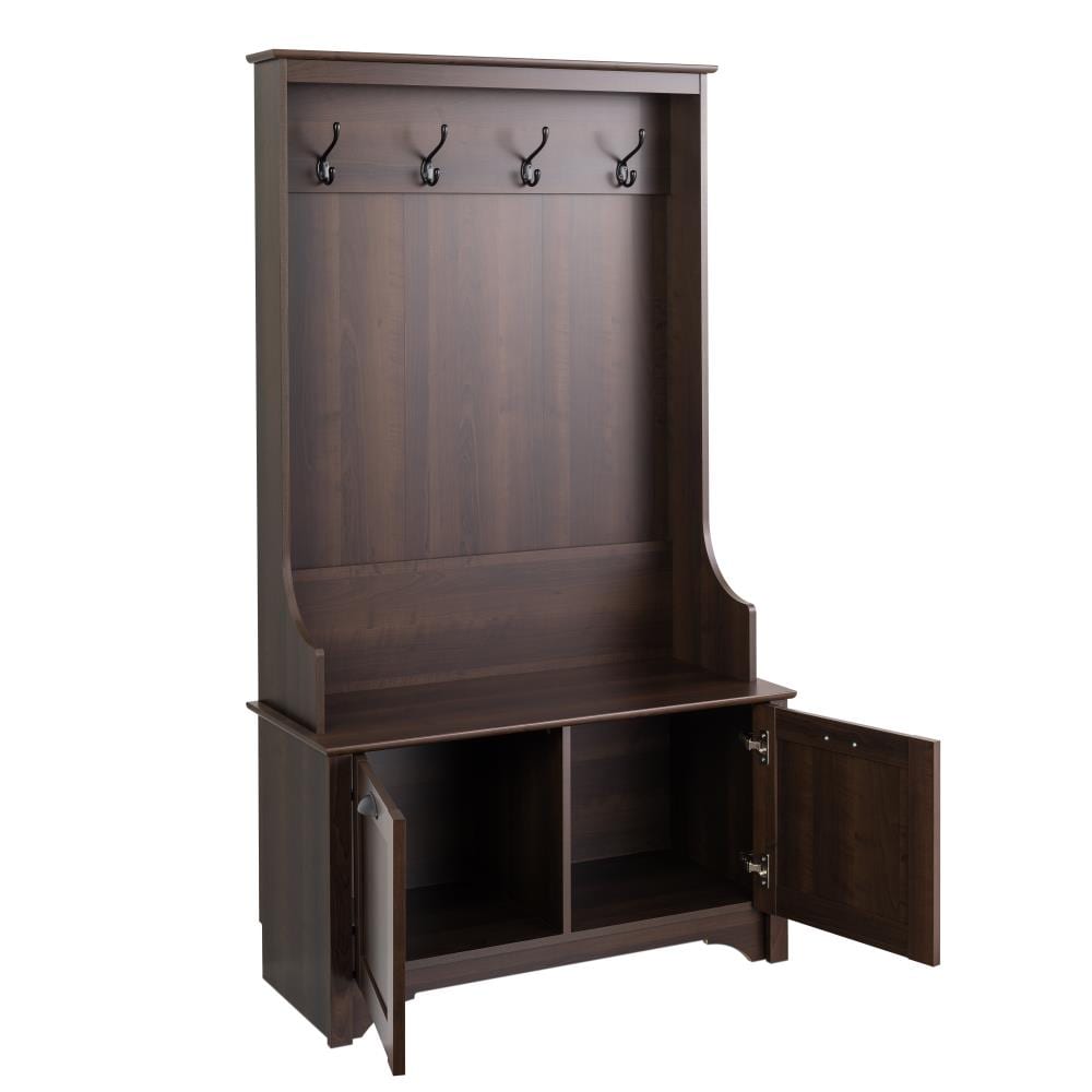 Prepac Entryway Hall Tree with Cabinet Espresso Finish Double Coat Hooks Shaker Doors in the Hall Trees department at Lowes