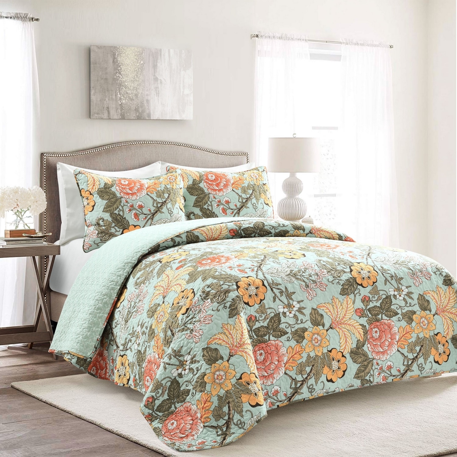 Lush Decor 16T004666 Blue Floral Reversible King Quilt Cotton