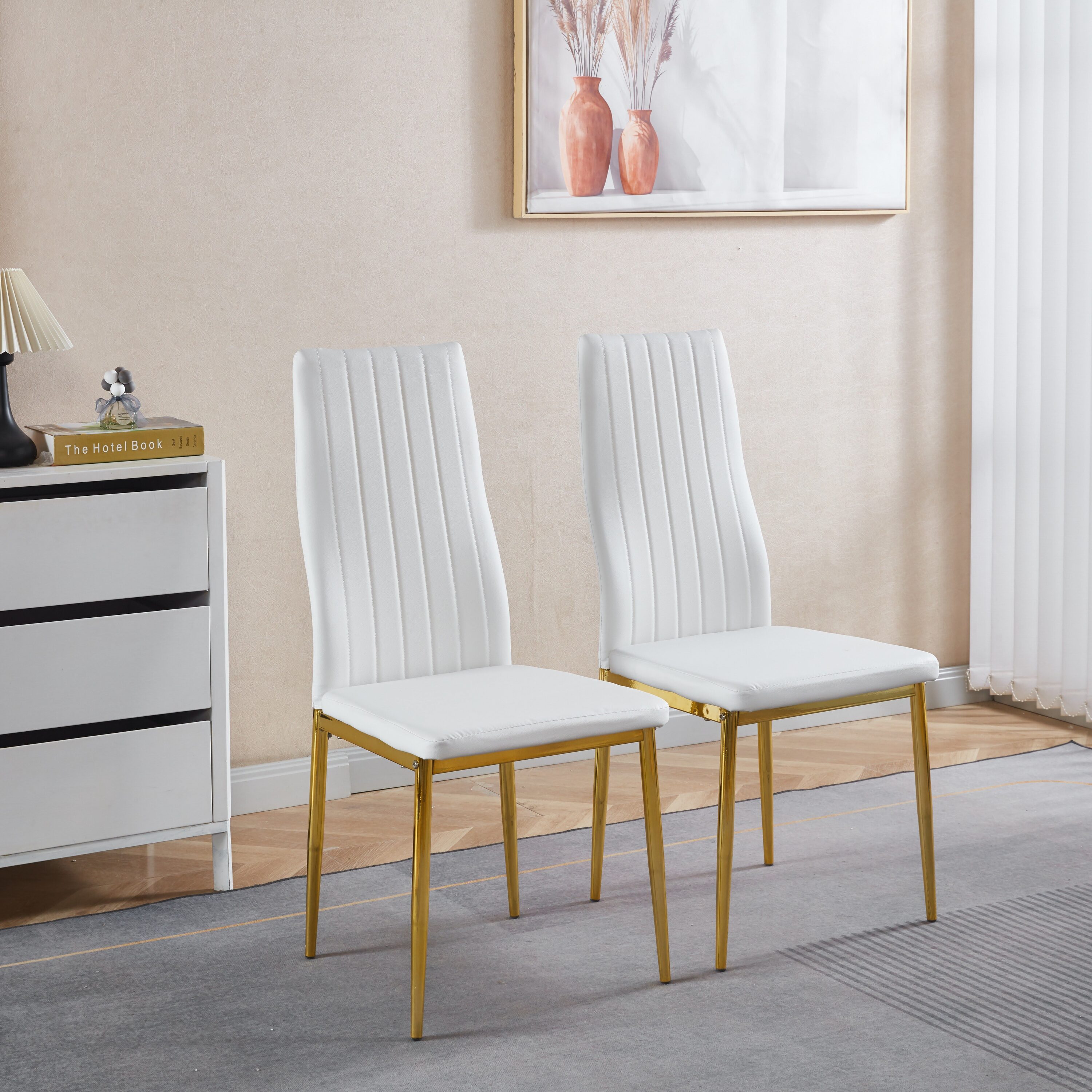 Vynxaria Set of 4 Dining Chairs White Seat Golden Color Legs ...