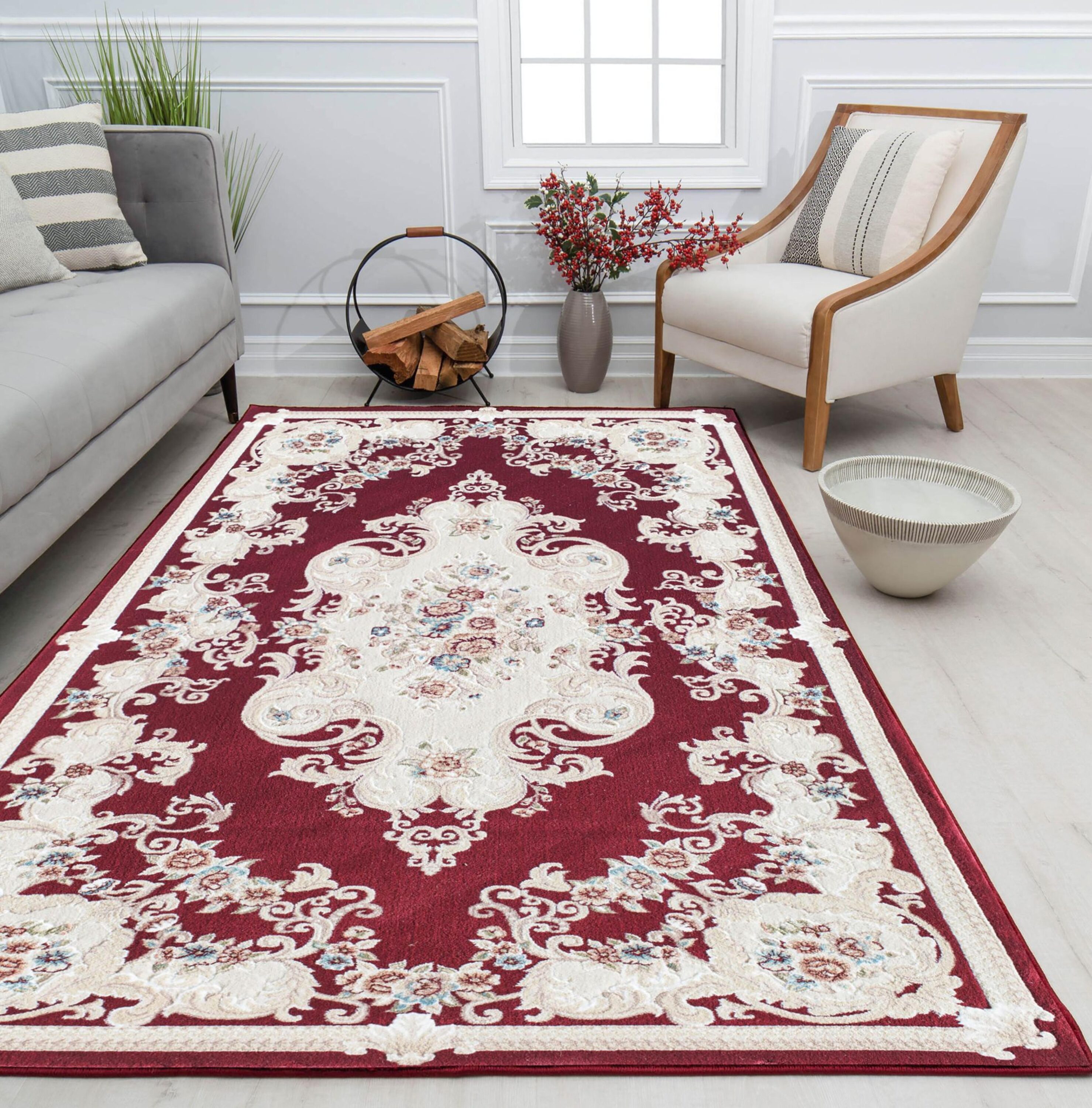 Classic Burgundy and White Synthetic Round Area Rug, 5' x 5'