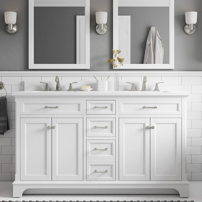 Allen Roth Roveland 60 In White, 60 In White Double Sink Bathroom Vanity With Engineered Stone Top