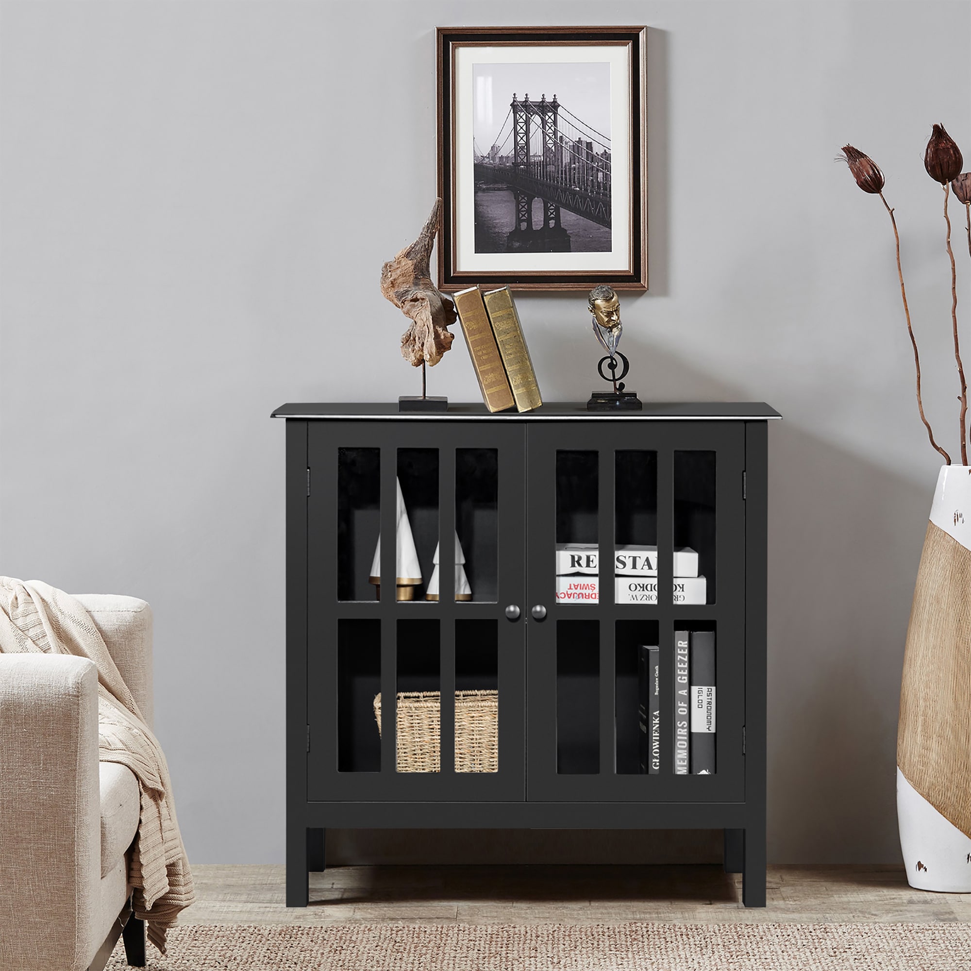 Modern Black MDF Console Table with Tempered Glass Doors