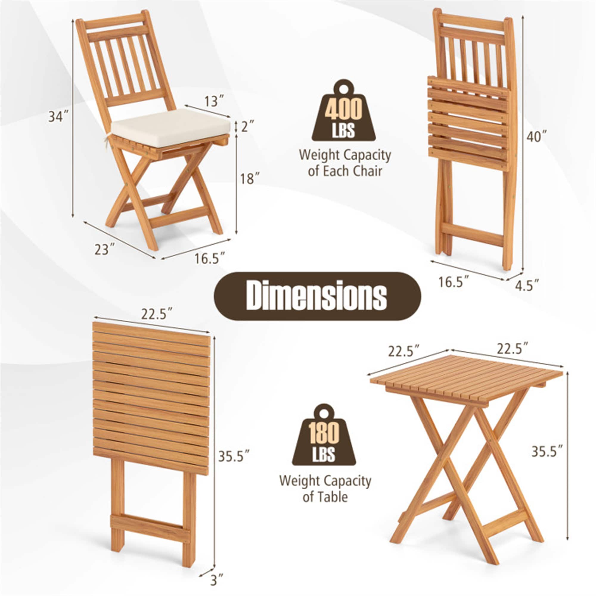 Dimensions diagram of folding bistro set
