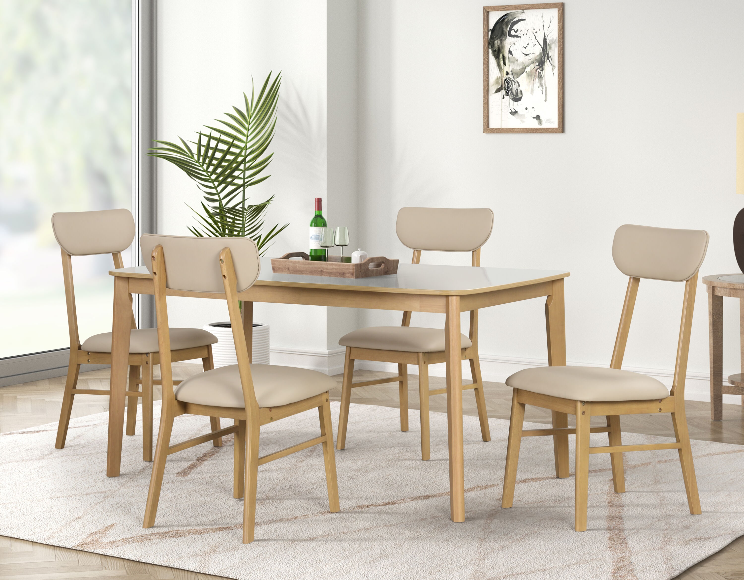 Creamy White,White + Light Oak Contemporary/Modern Dining Room Set with Rectangular Table ( Seats 6 ) | - Siavonce XHS00031
