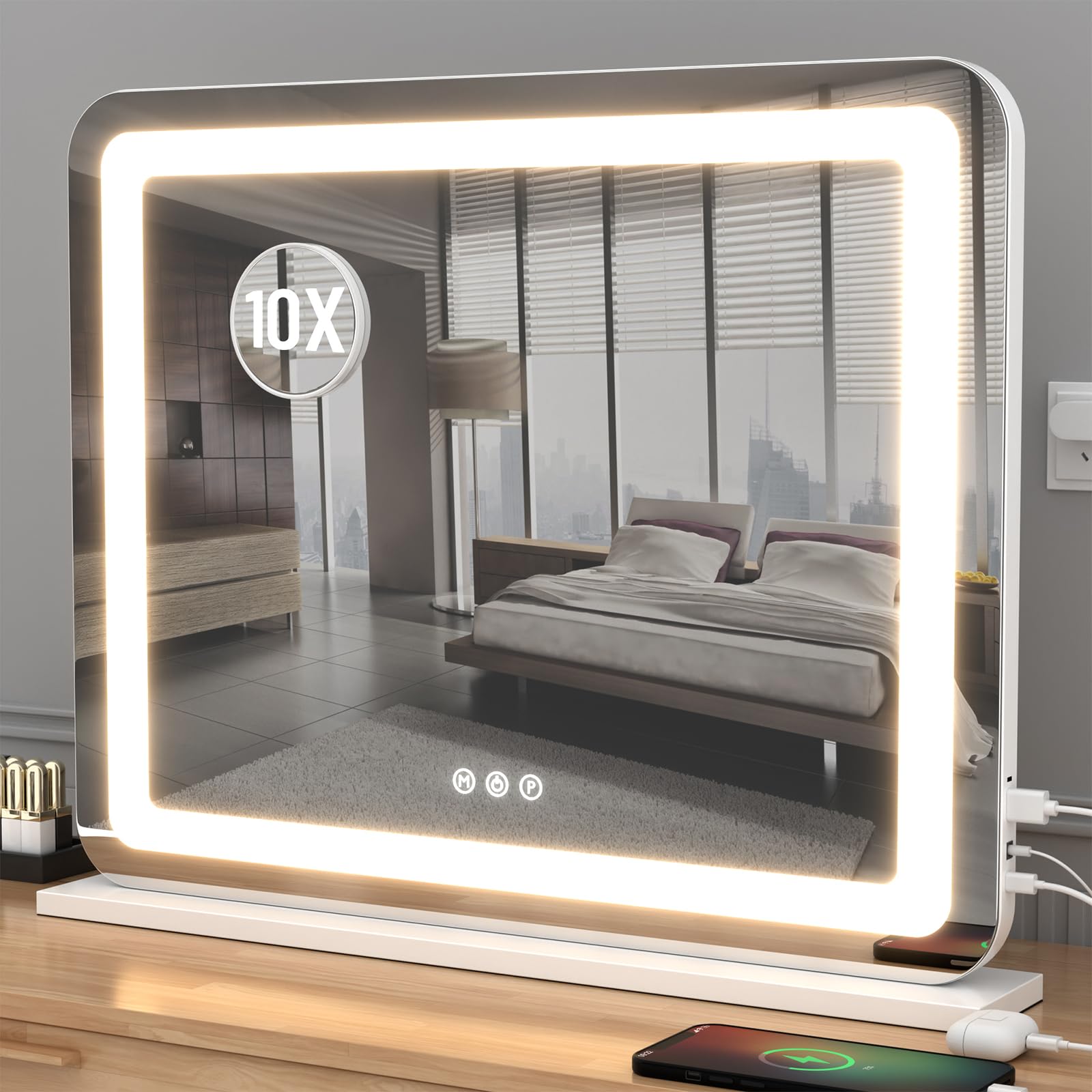 OMOMMD - White 23x18 in Large LED Vanity Mirror 180 Lamp Beads 3 Color Modes Adjustable Brightne...