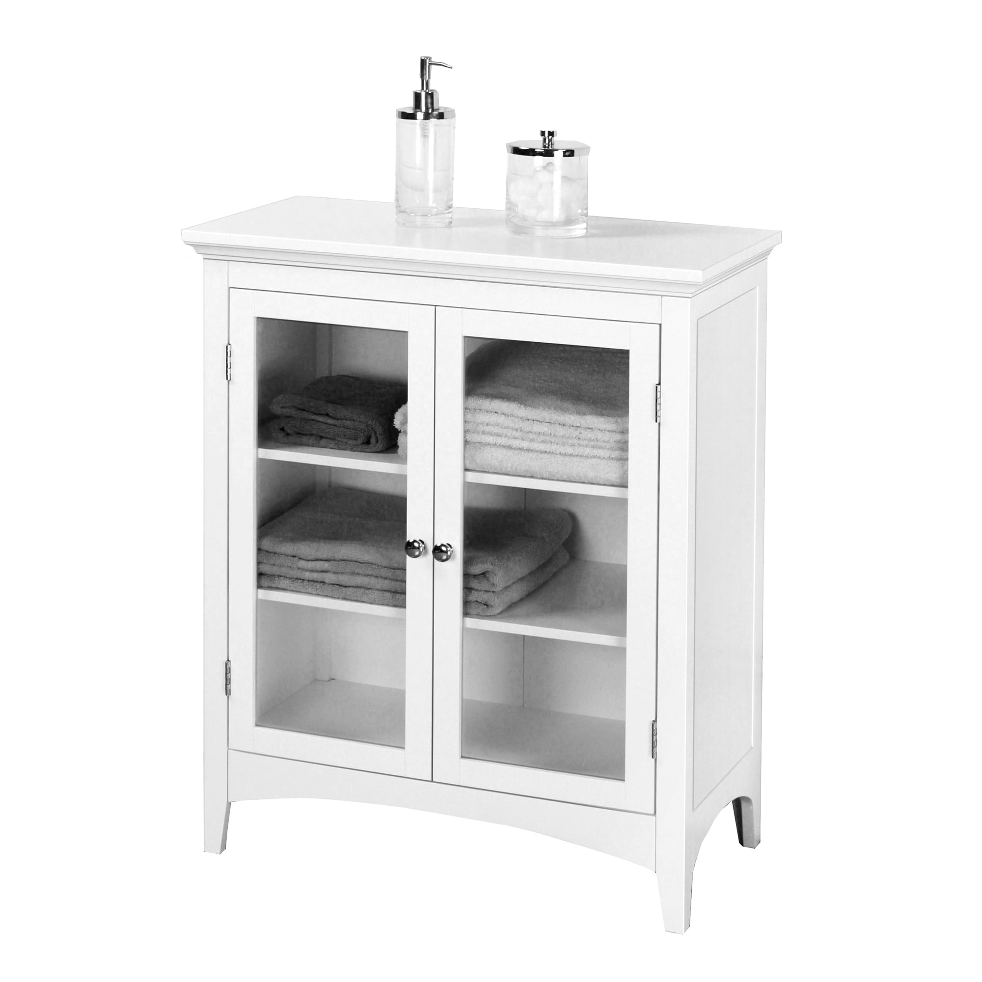 Madison Classic White Floor Cabinet with Glass Doors and Chrome Knobs