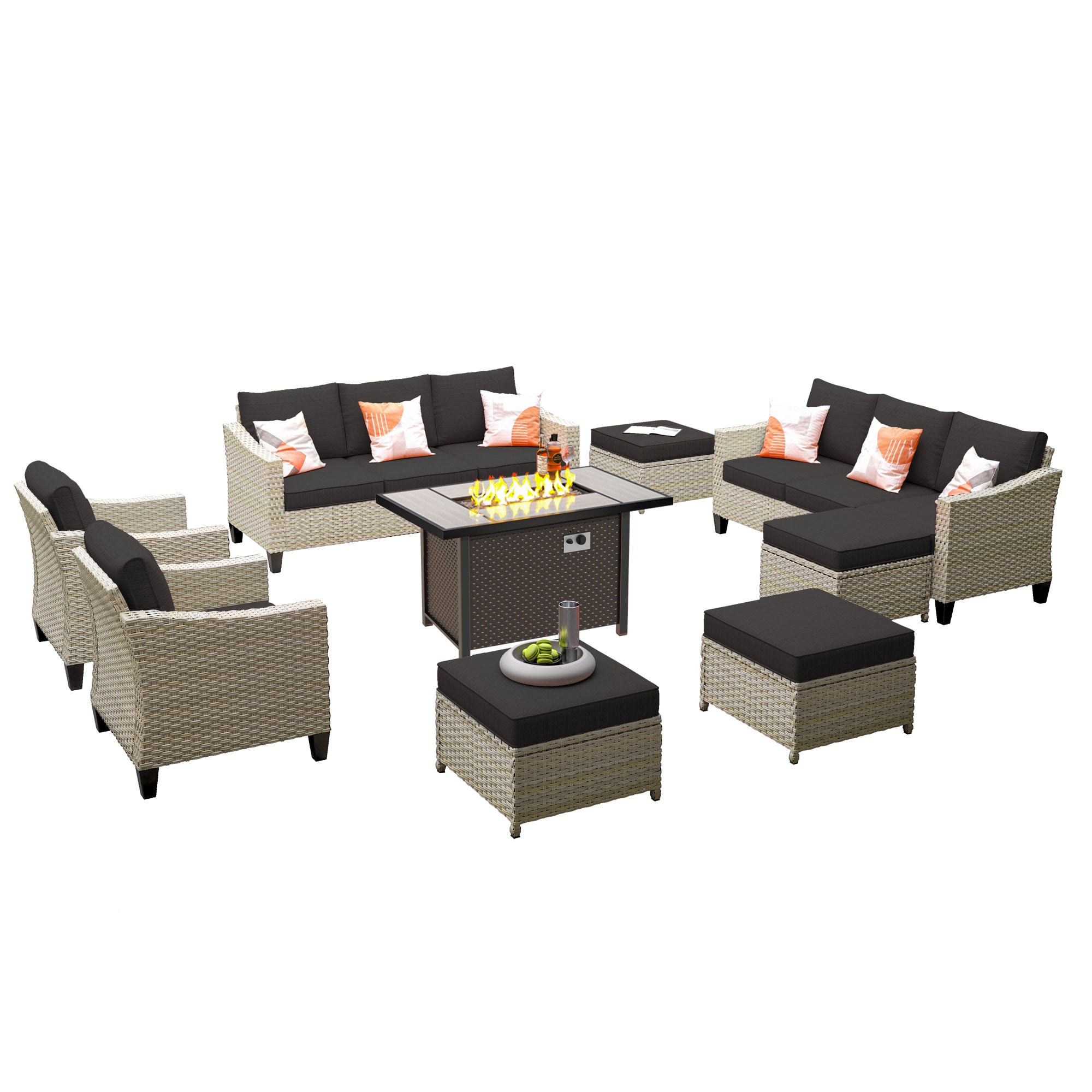 Pouuin SFPYZDAR108 9-Piece Wicker 2 Patio Sofa Conversation Set with Black Cushions