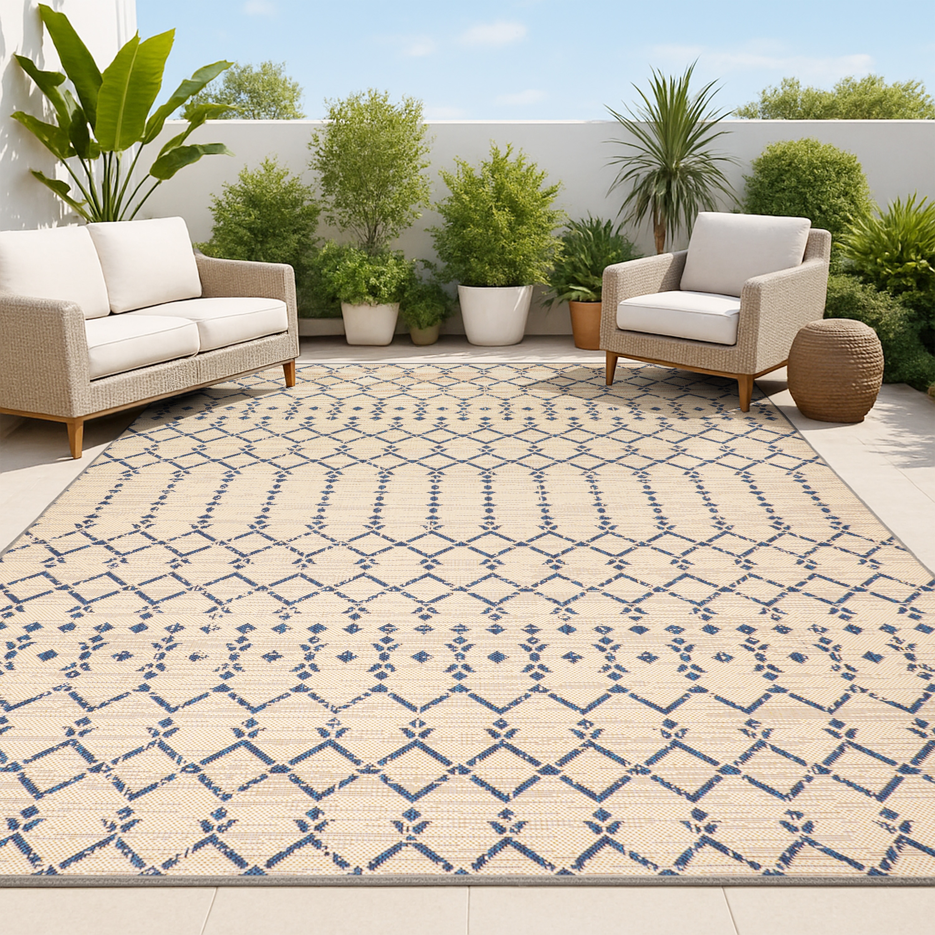 JONATHAN  Y SMB108H-14 SANTA MONICA Ourika Moroccan Geometric Textured Weave 10 x 14 (ft) Polypropylene Beige/Navy Rectangular Indoor Medallion Bohemian/Eclectic Area rug
