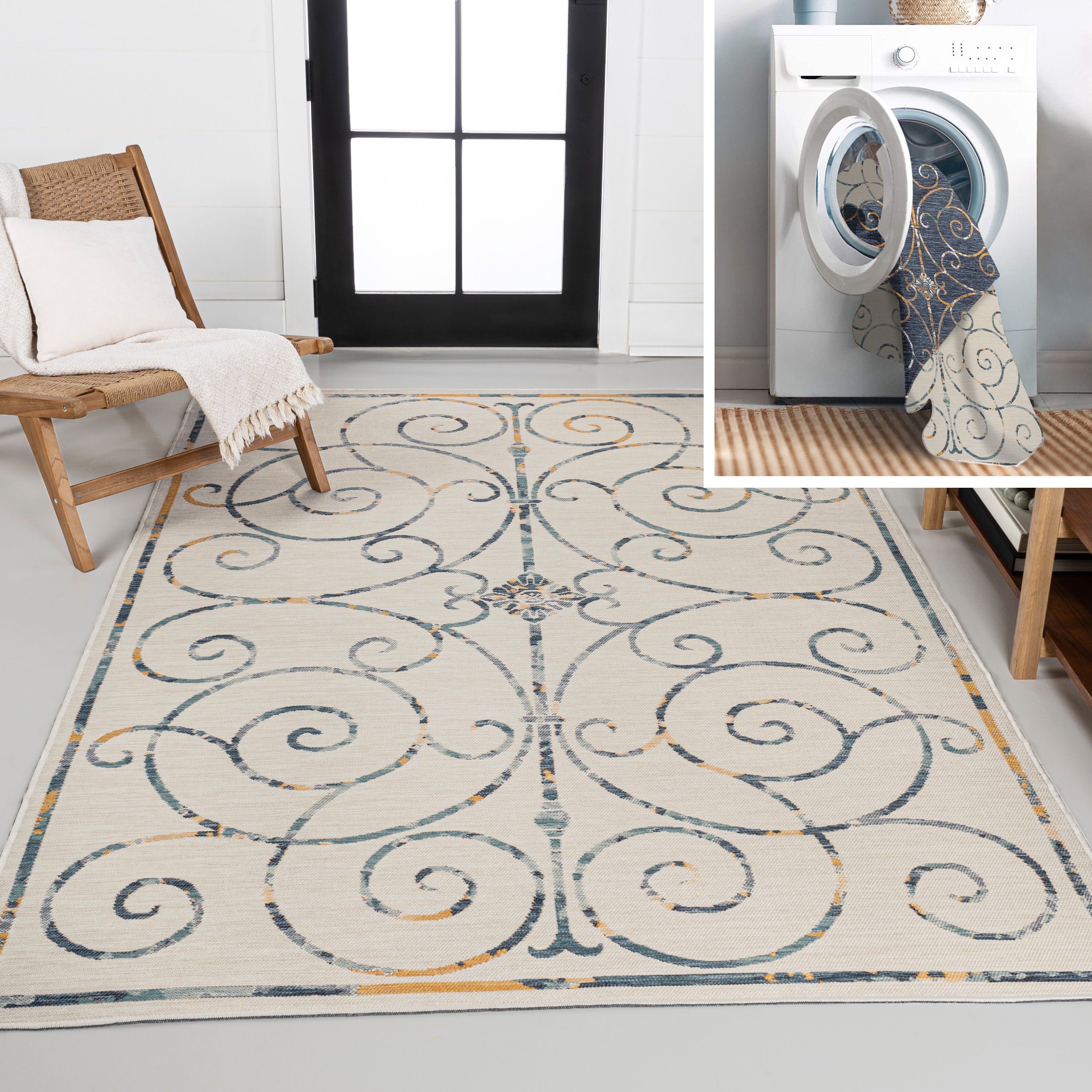 JONATHAN  Y SVH100B-5 Savannah Danae Filigree Scroll Reversible 5 x 8 (ft) Loomed Polypropylene Cream/Navy Rectangular Indoor/Outdoor Trellis Moroccan Area rug