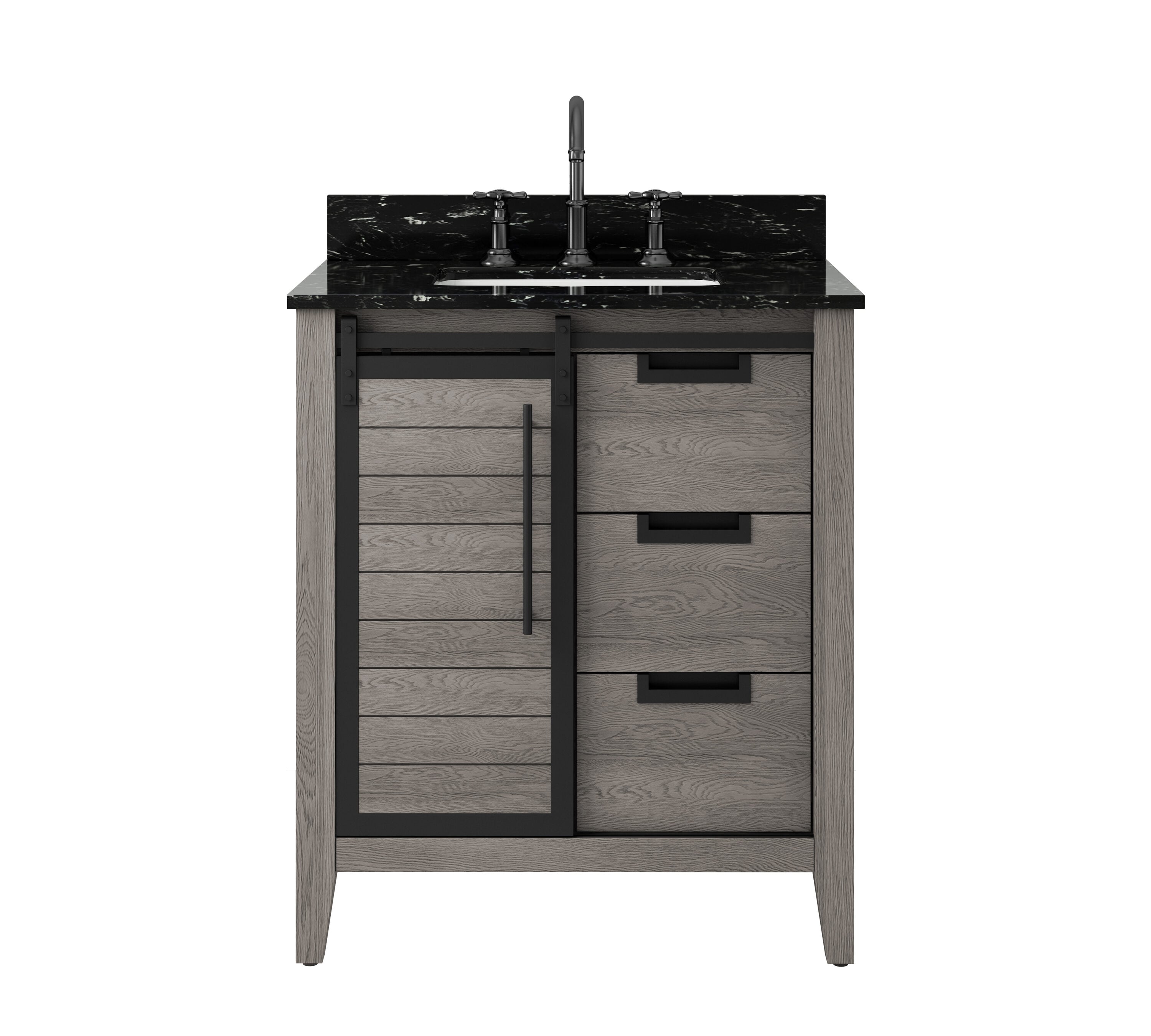 allen + roth TJ-0113V3022GR Haverhill 30-in Weathered Oak Undermount Single Sink Bathroom Vanity with Black Engineered Marble Top