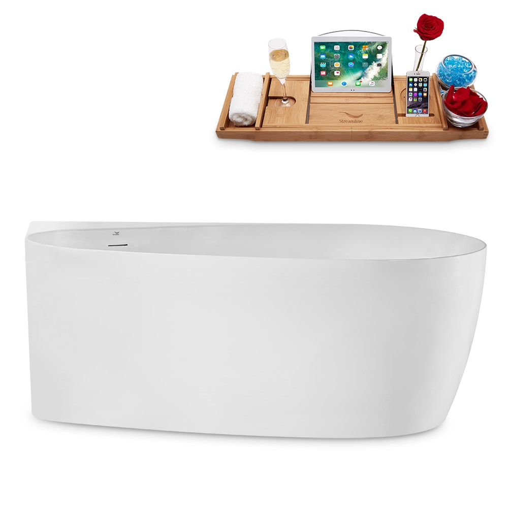 Streamline N2080BNK 28.7-in x 59.1-in Glossy White Acrylic Oval Freestanding Soaking Bathtub with Drain (Reversible Drain)