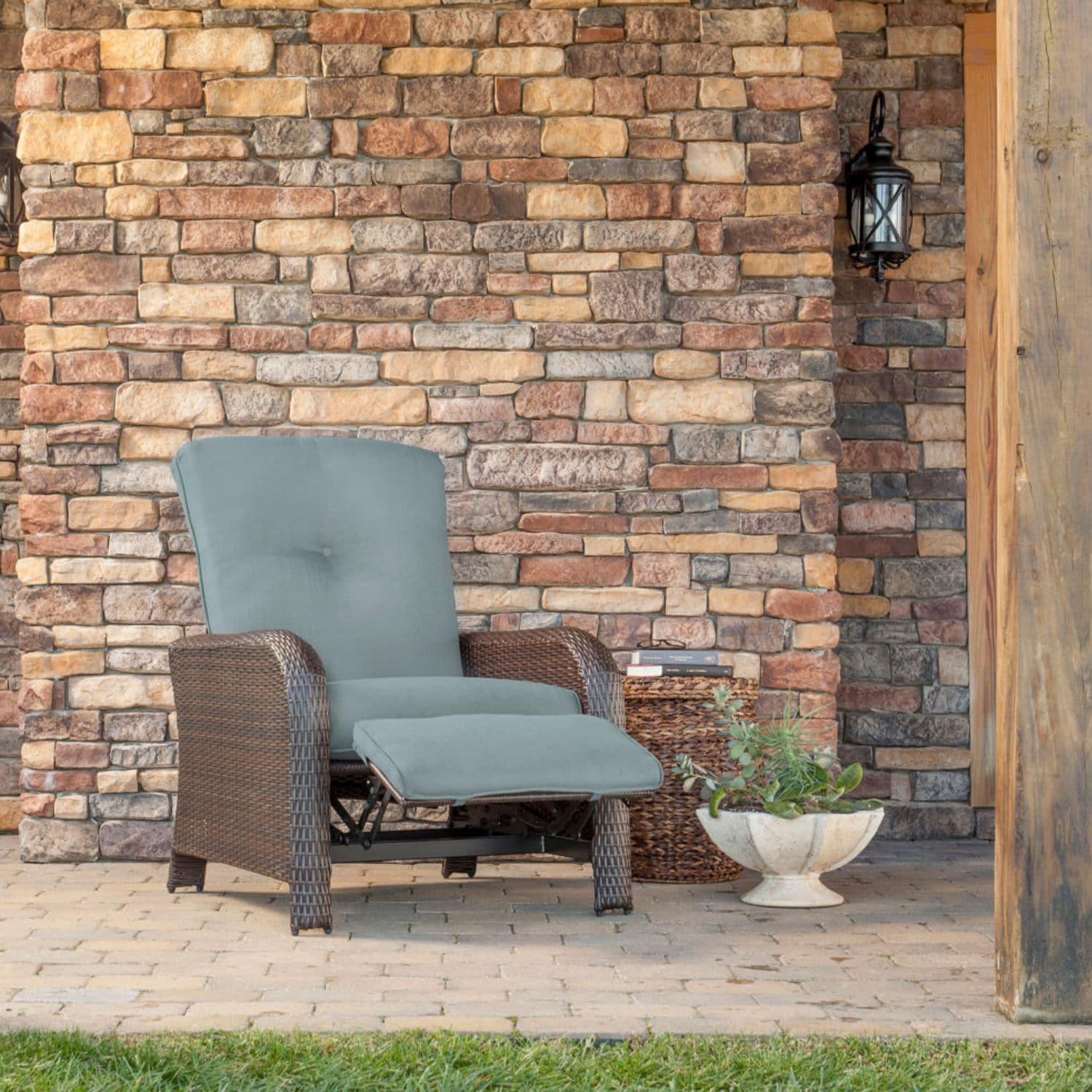 Hanover STRATHRECBLU Strathmere Wicker Brown Steel Frame Stationary Recliner Chair with Blue Cushioned Seat