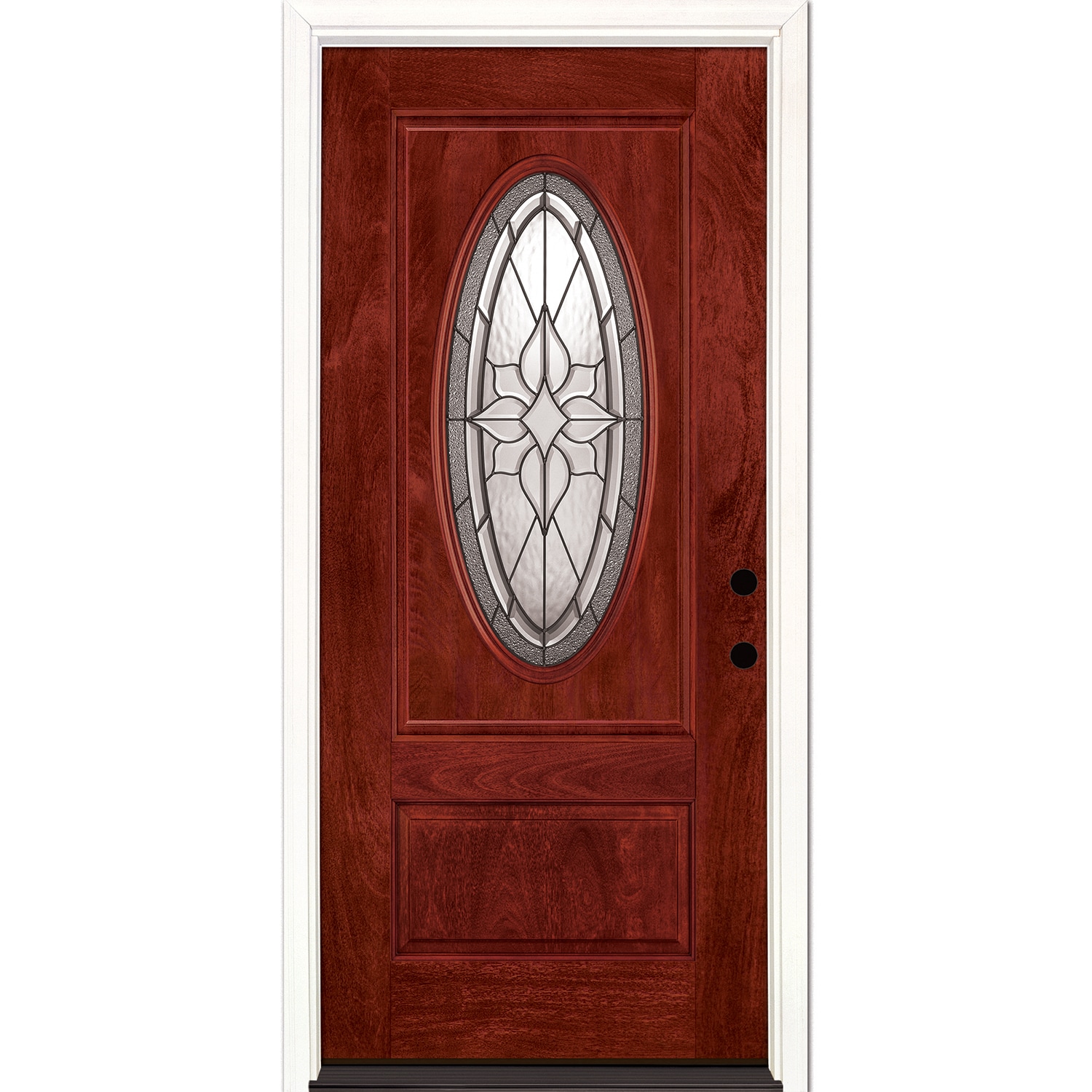 Feather River FL7Y35T0 Ashborne 36-in x 80-in x Fiberglass Oval lite Left-hand inswing Hand Stained Cherry Stained Prehung Single door Front Door with Brickmould Insulating core Decorative glass