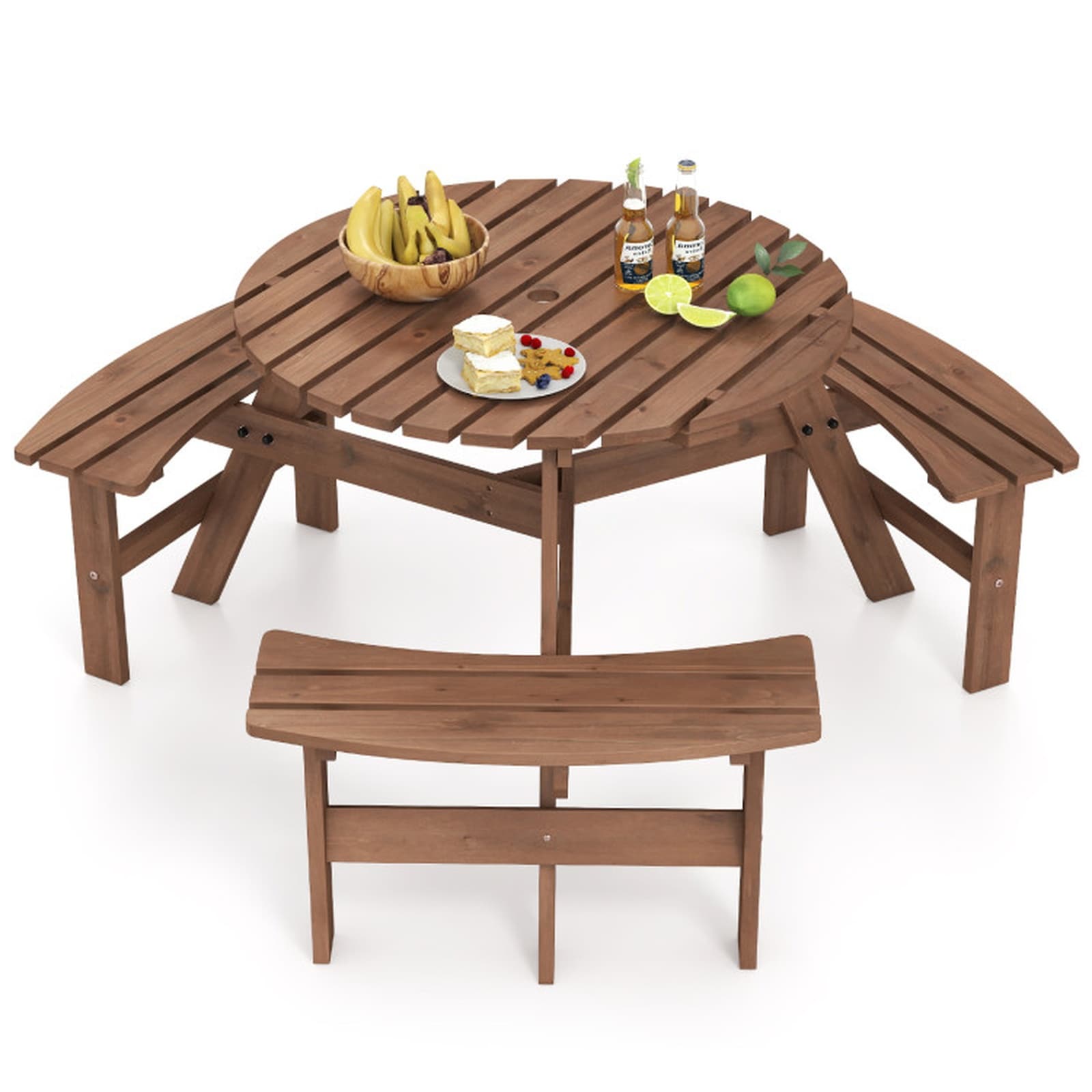 SUGIFT 6-Person Round Fir Wood Picnic Table Set with 3 Built-in Curved Benches Umbrella Hole Slatted Top and 550-lb Bench Load for Outdoor Patio-Brown