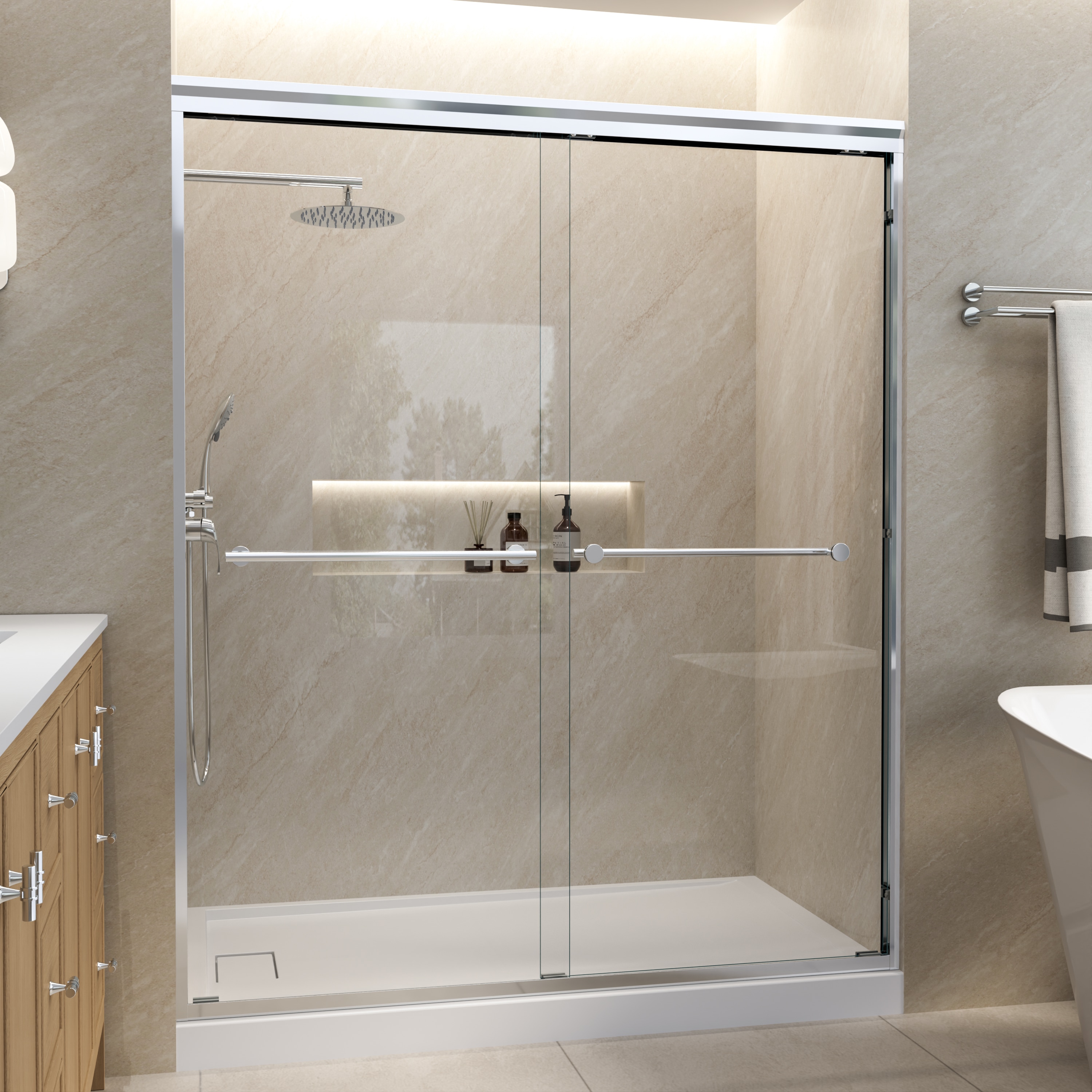 ANGELES HOME  56-in to 60-in W x 72-in H Framed Sliding Chrome Shower Door with 1/4-in Clear Tempered Glass