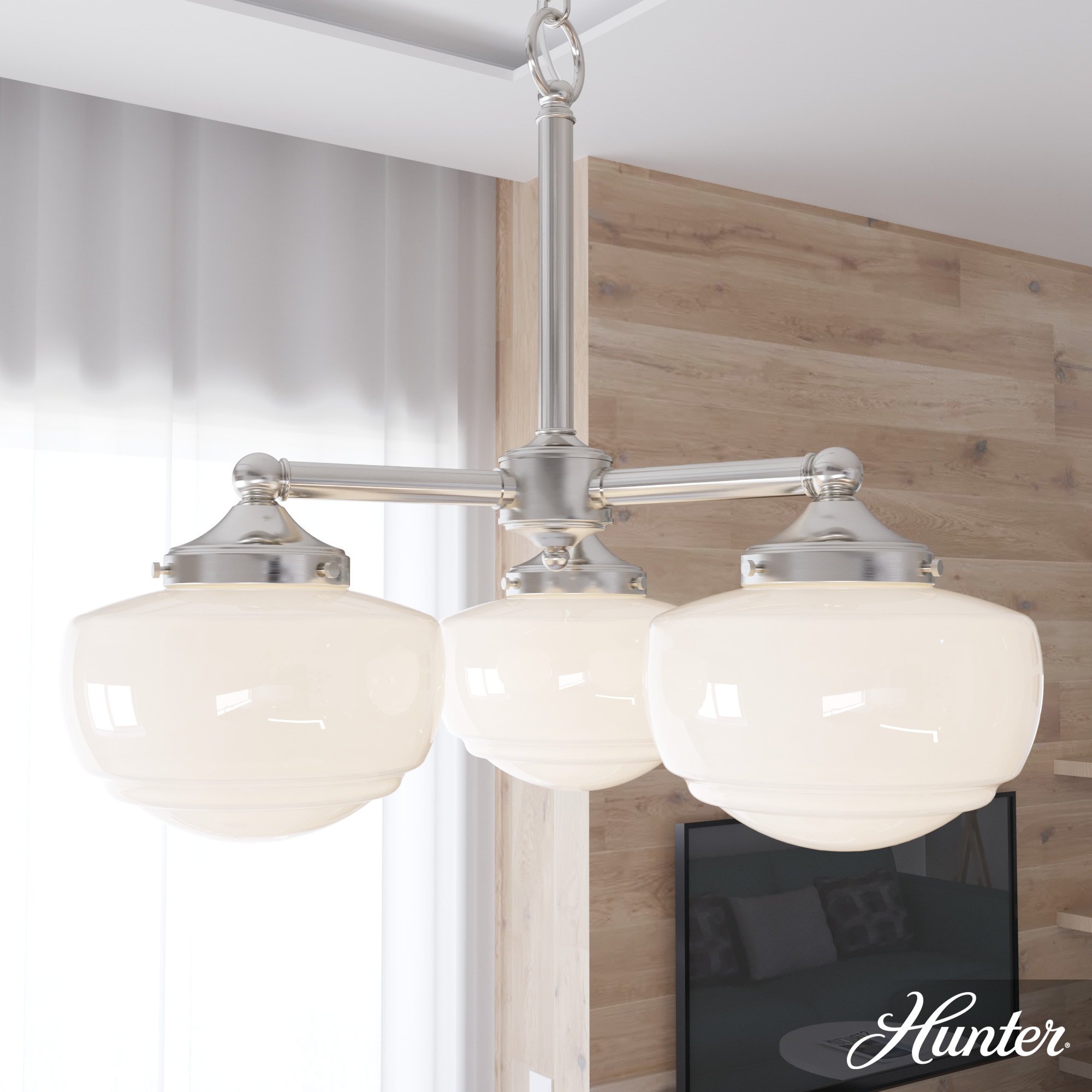 Hunter 19355 Saddle Creek 3 -Light Brushed Nickel Transitional For Use in Bedrooms, Dining Rooms, Foyers, Kitchens, Living Rooms Chandelier