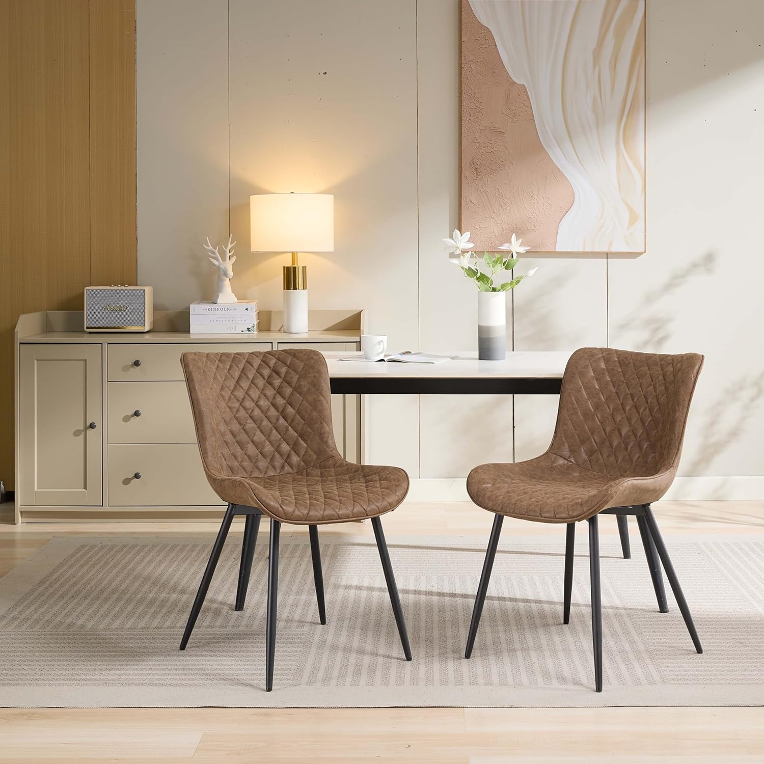 Qeetex PHO-13VIV71W-HNN Set of 2 Brown Diamond Faux Leather Dining Chairs with Metal Legs and Comfy Backrest for Dining Room