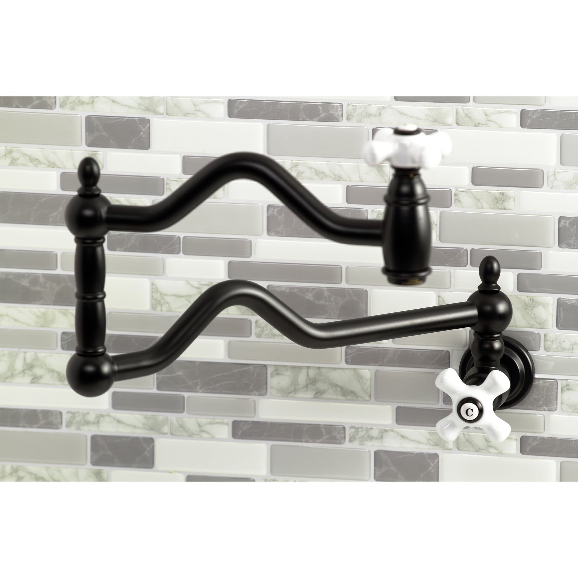 Kingston Brass WLKS2100PX Heritage Matte black Double Handle Wall-mount Pot Filler Kitchen Faucet with Sprayer
