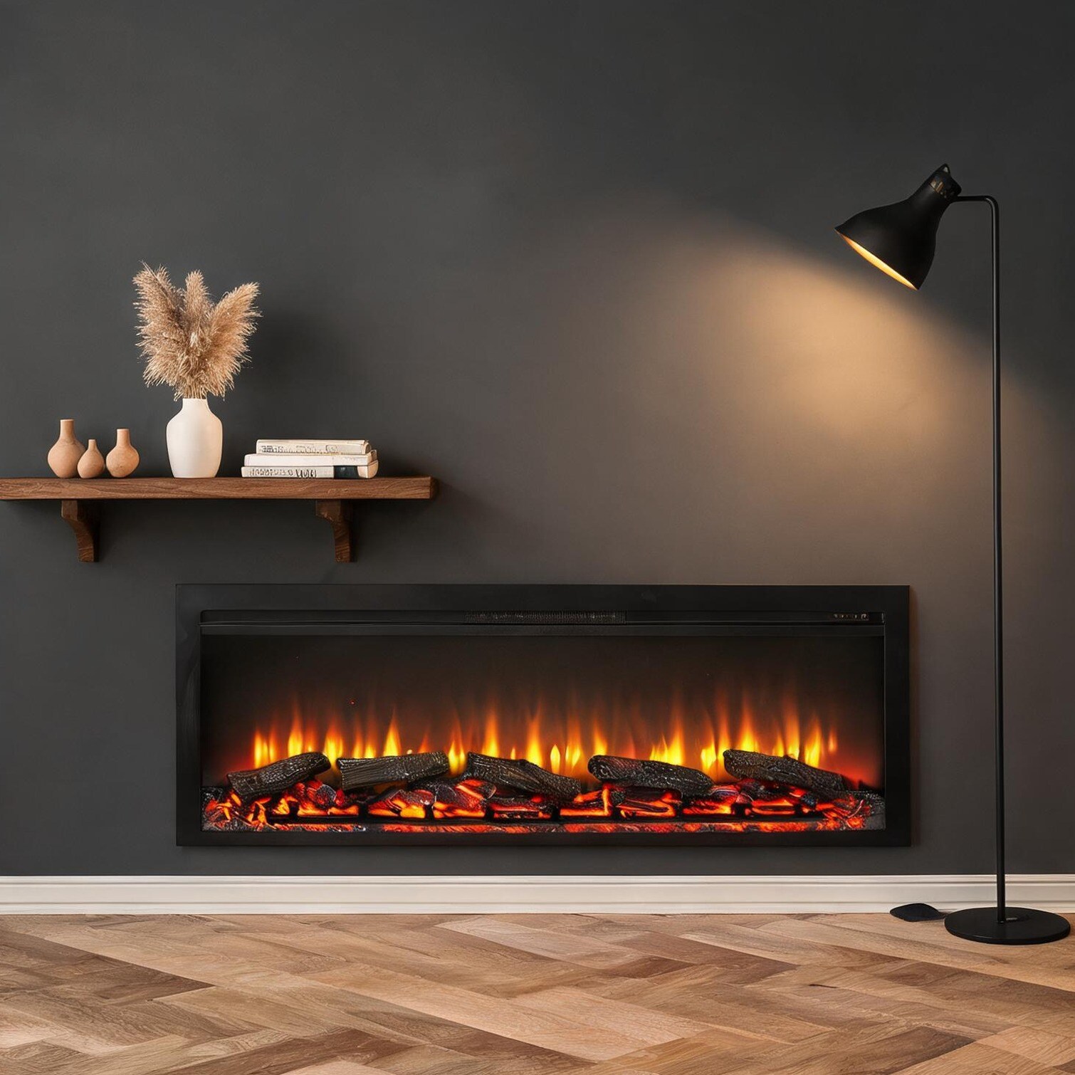 SunJet Recessed Electric Fireplace with Remote Jet Black Tempered Glass 54-Inch Multi-Color Flame