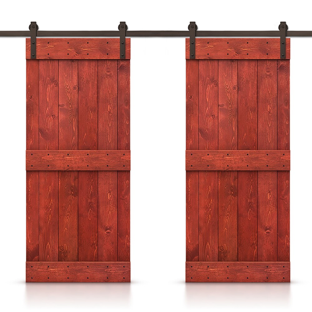 CALHOME CN+(2)S11-AB+03-36H 72-in x 84-in Cherry red Stained Pine Wood Solid core Double Barn Door (Hardware Included)