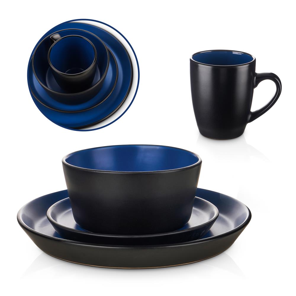 Blue and Black Stone Lain Albie Stoneware Dish Set 4 Mugs