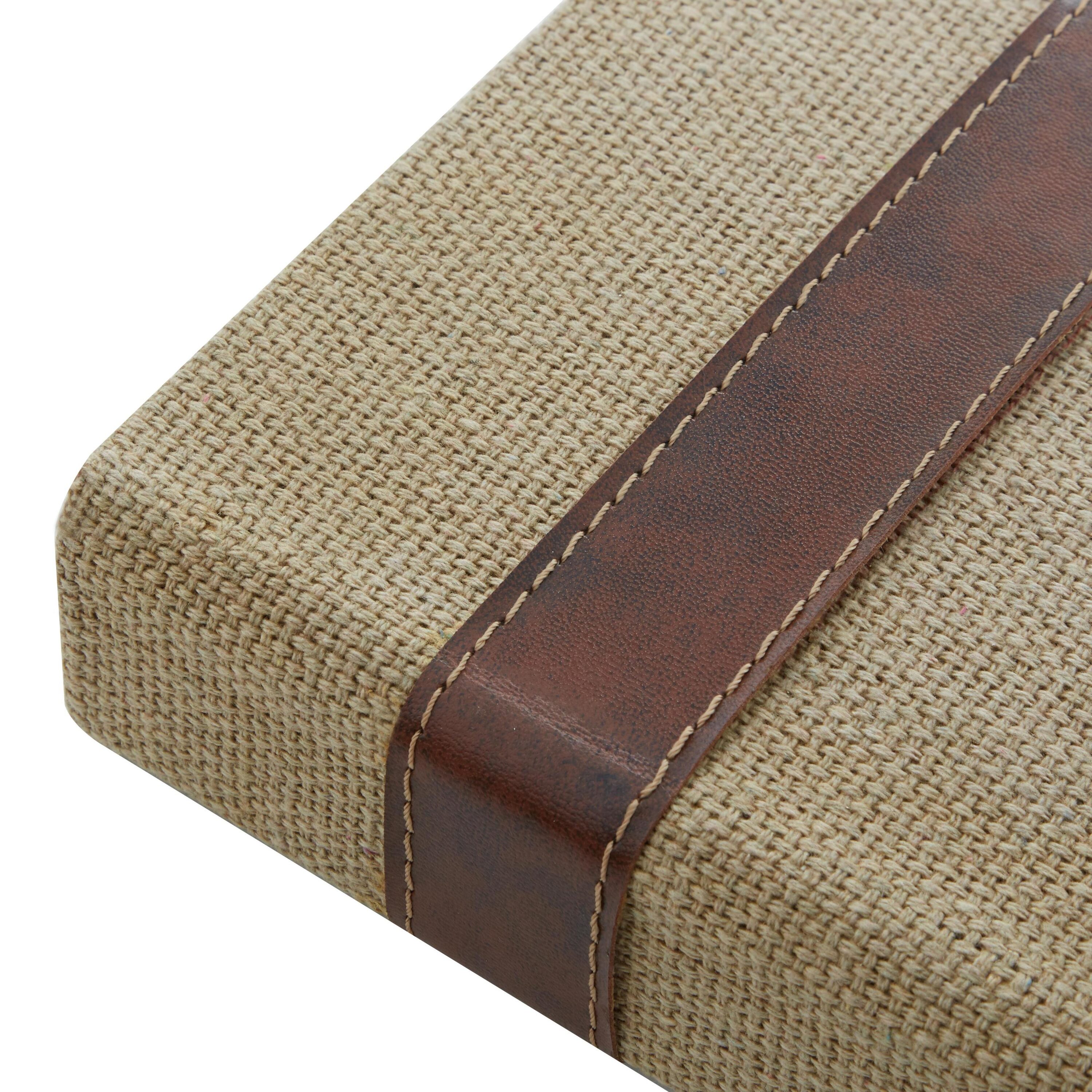 Set of 3 Beige and Brown Burlap Faux Leather Book Boxes