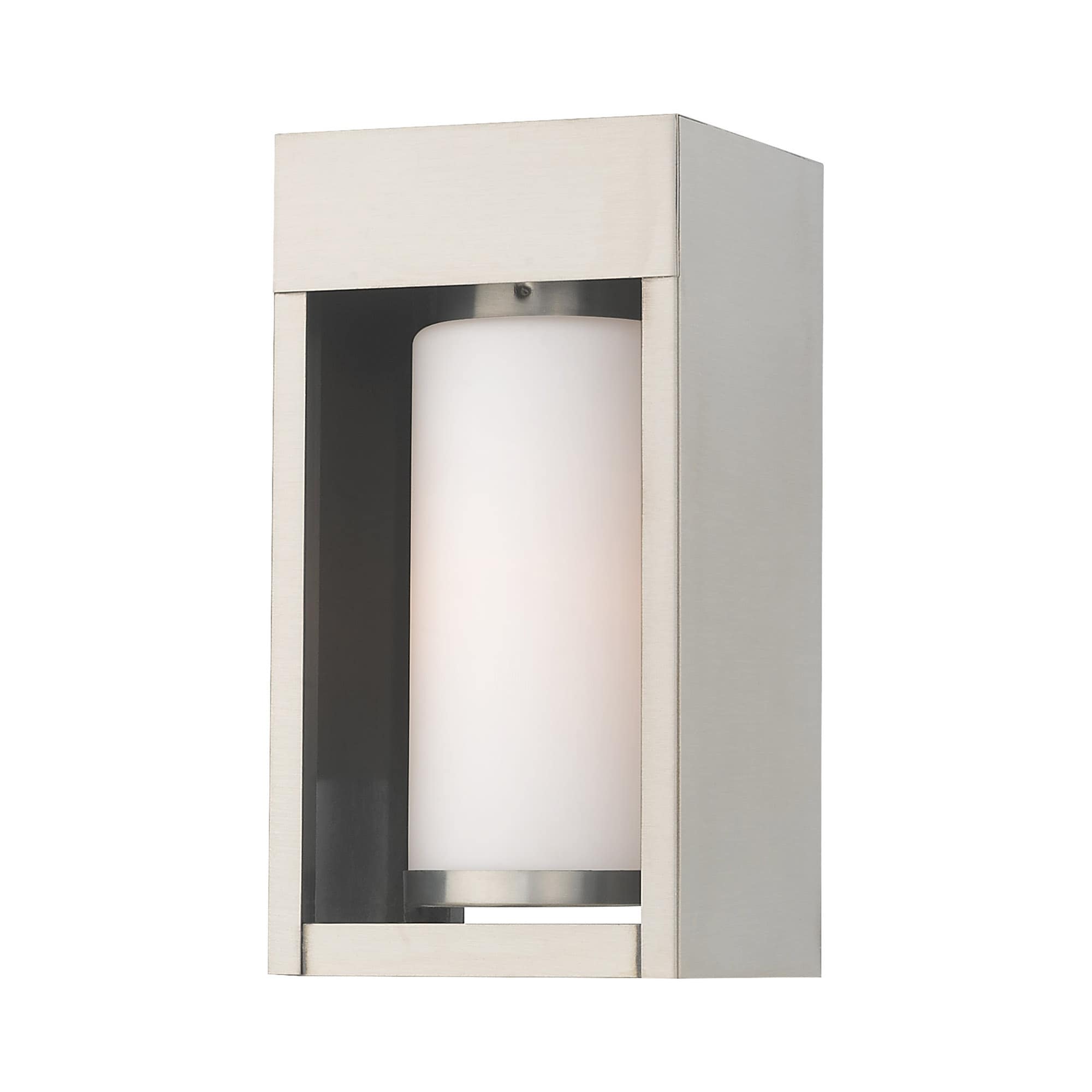 Contemporary Brushed Nickel Outdoor Wall Lantern with Satin Opal White Glass