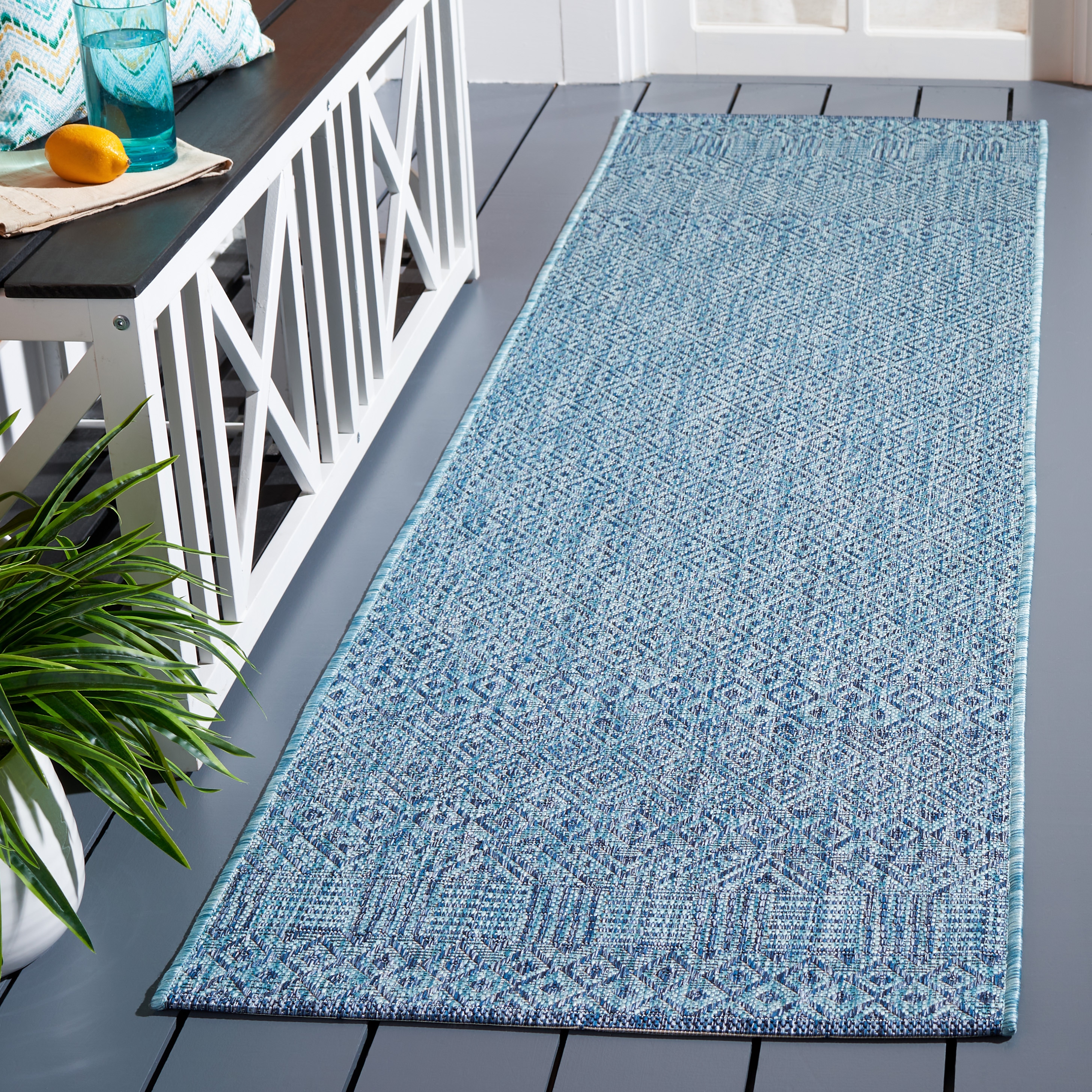 Safavieh CY8235-39412-28 Courtyard 2 x 8 (ft) Loomed Synthetic Aqua/Navy Rectangular Indoor/Outdoor Geometric Runner rug