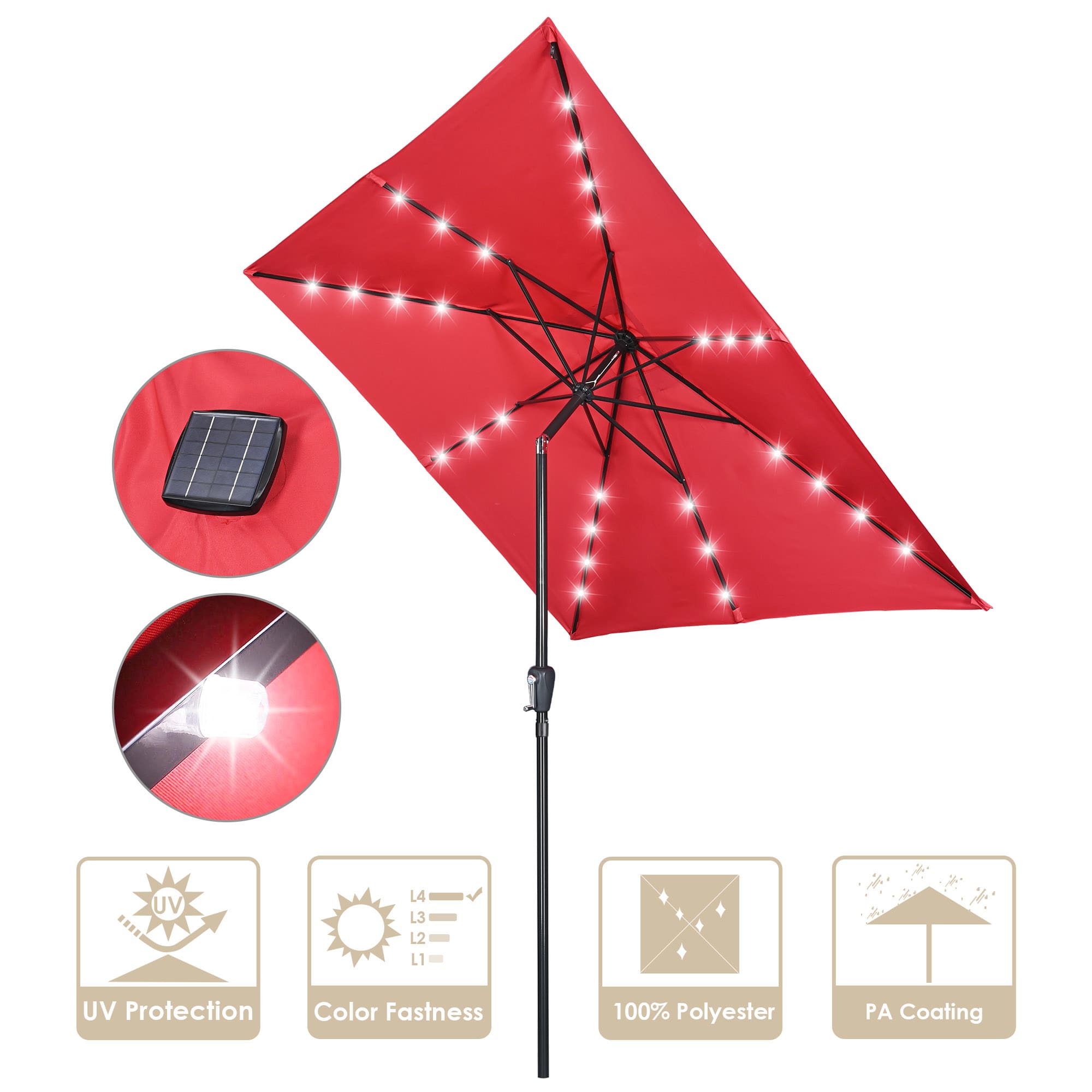 Yescom 07UMB044-9X9L-02-LO 9x9 FT Square LED Light Patio Umbrella USB Port Solar Power Crank Tilt Garden Parasol Yard Deck Table Balcony Shade