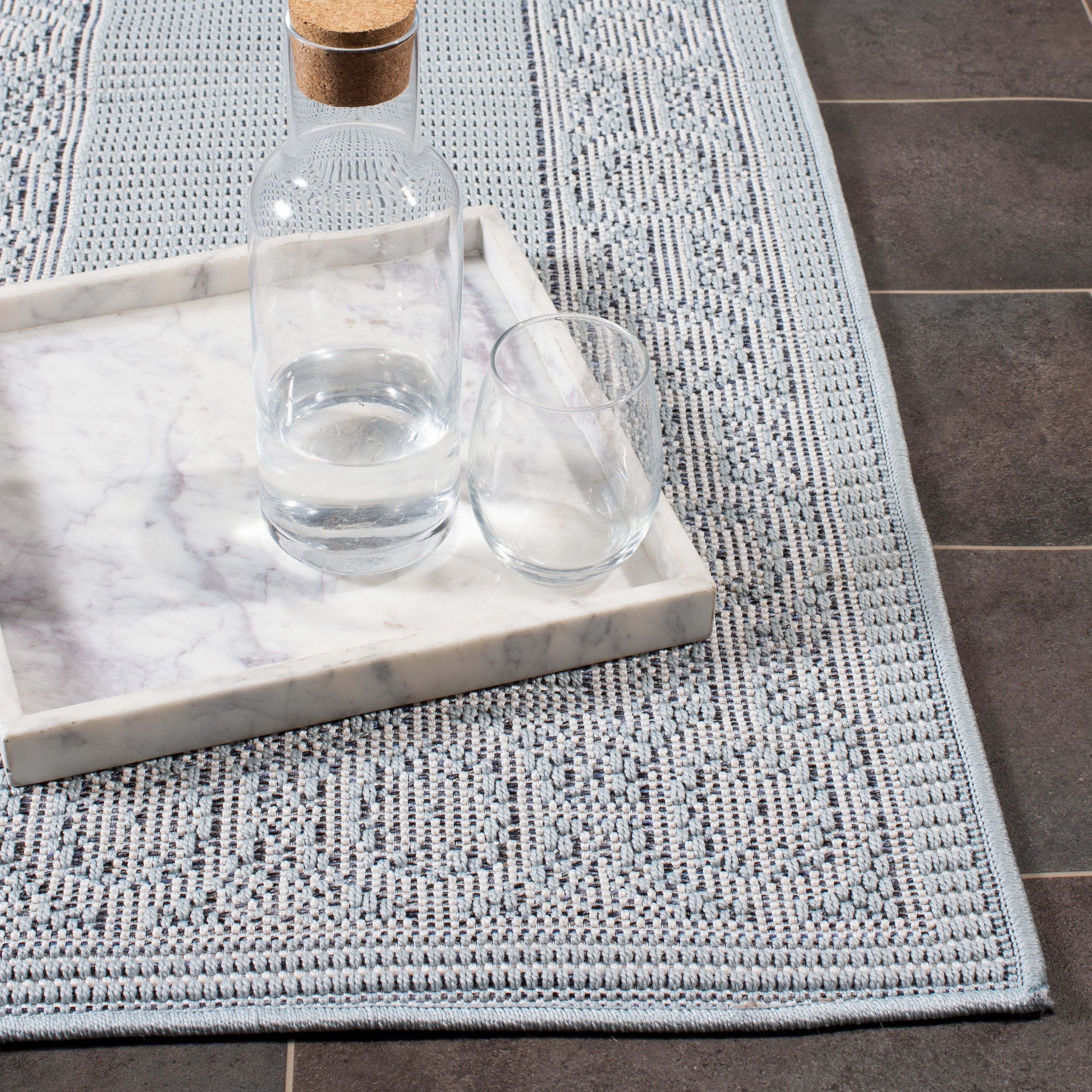 Aqua and Cream Floral Bordered Indoor/Outdoor Runner Rug