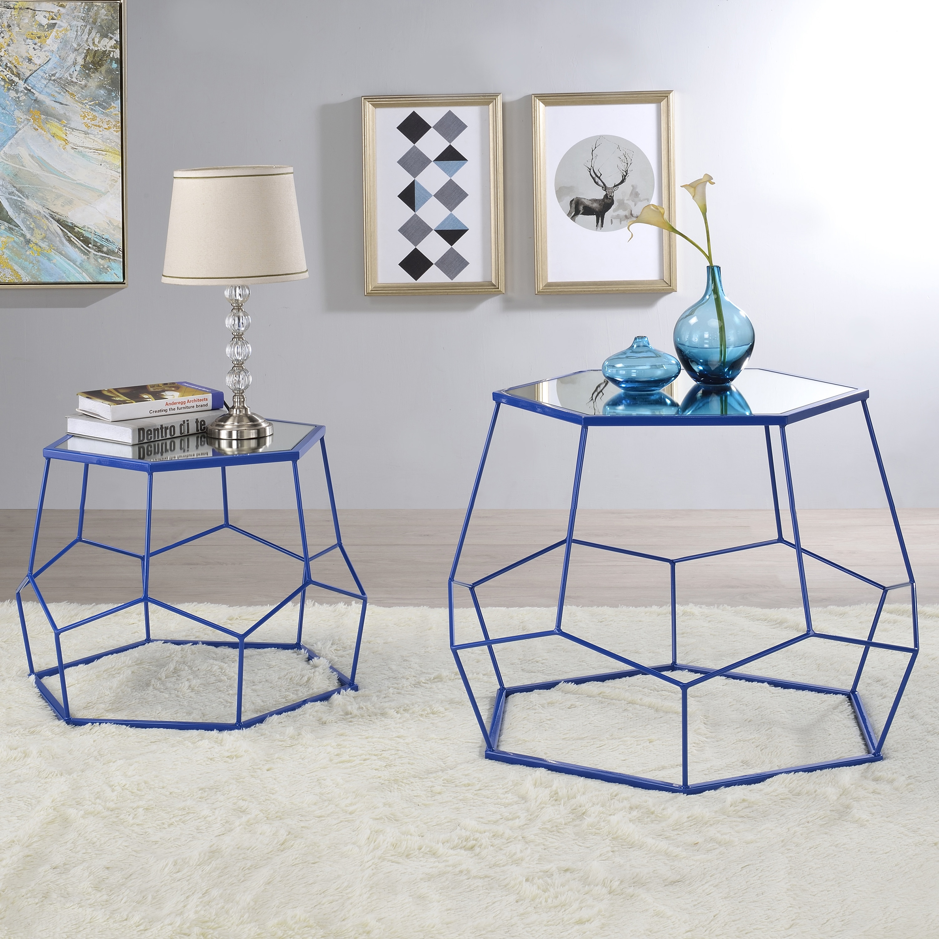 Rittan Blue Steel Hexagon Mirrored Nesting Tables Set