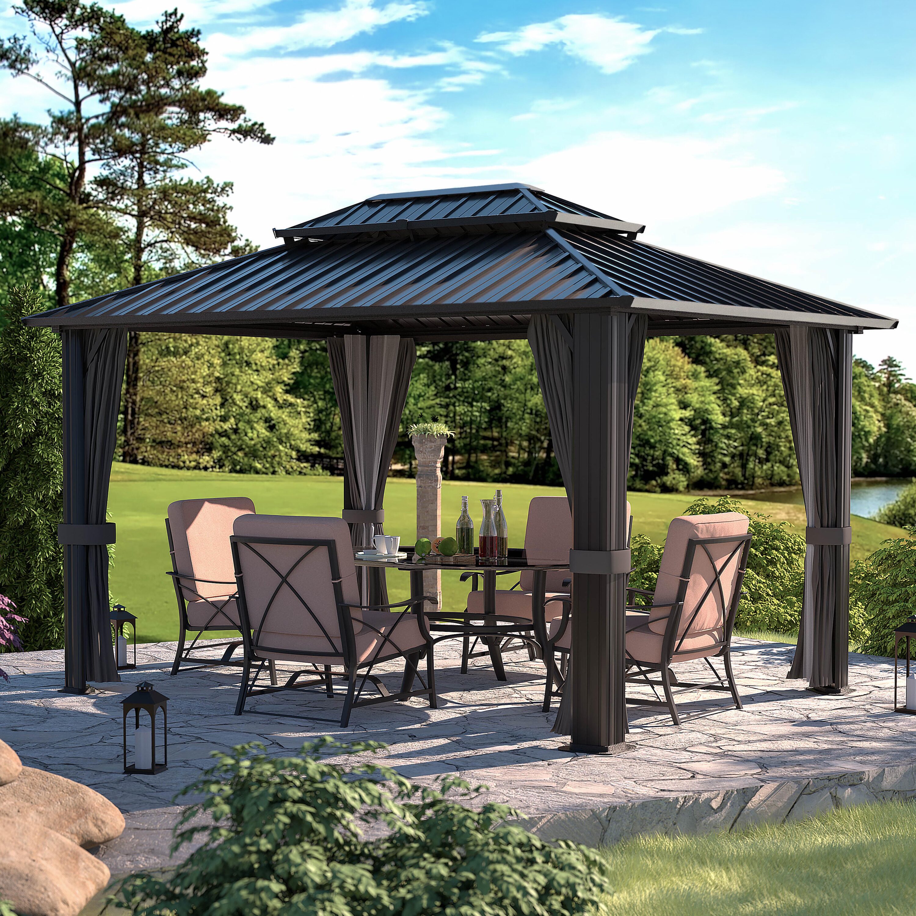 VEIKOUS PG0201-03-4 Black Rectangle Gazebo with Hardtop Steel Roof