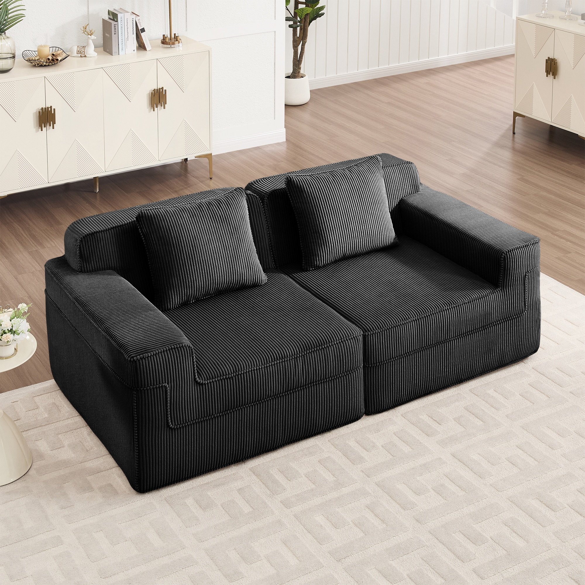 Horizons Prime Black Corduroy Modular 2 Seat Loveseat Boneless Sofa with Deep Seat and Throw Pillows