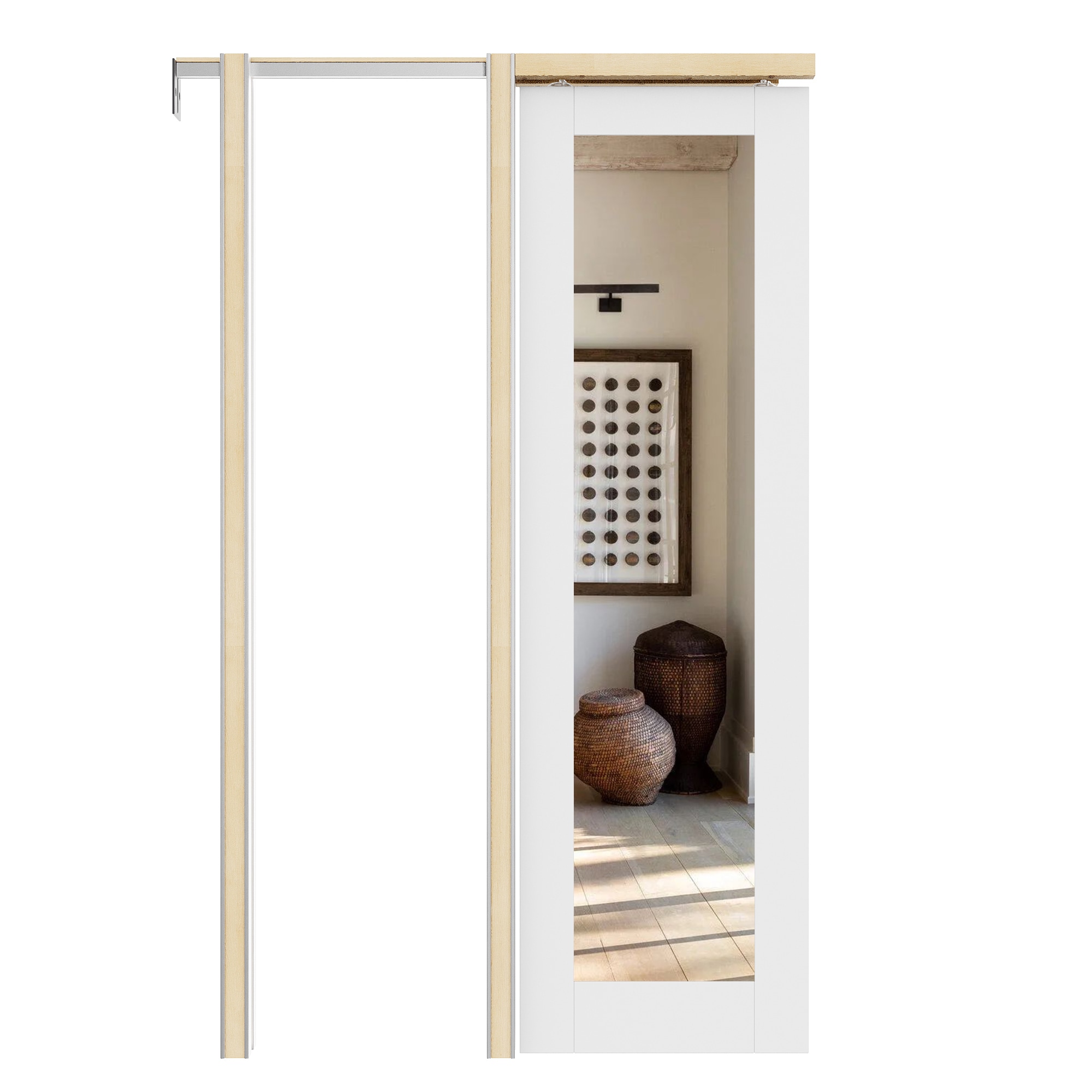 JUJUBON IN-PDPK-YGMR-28 28-in x 80-in MDF Pocket Door Frame with Pocket Door,Pocket Door Frame and Hardware Soft Close Included