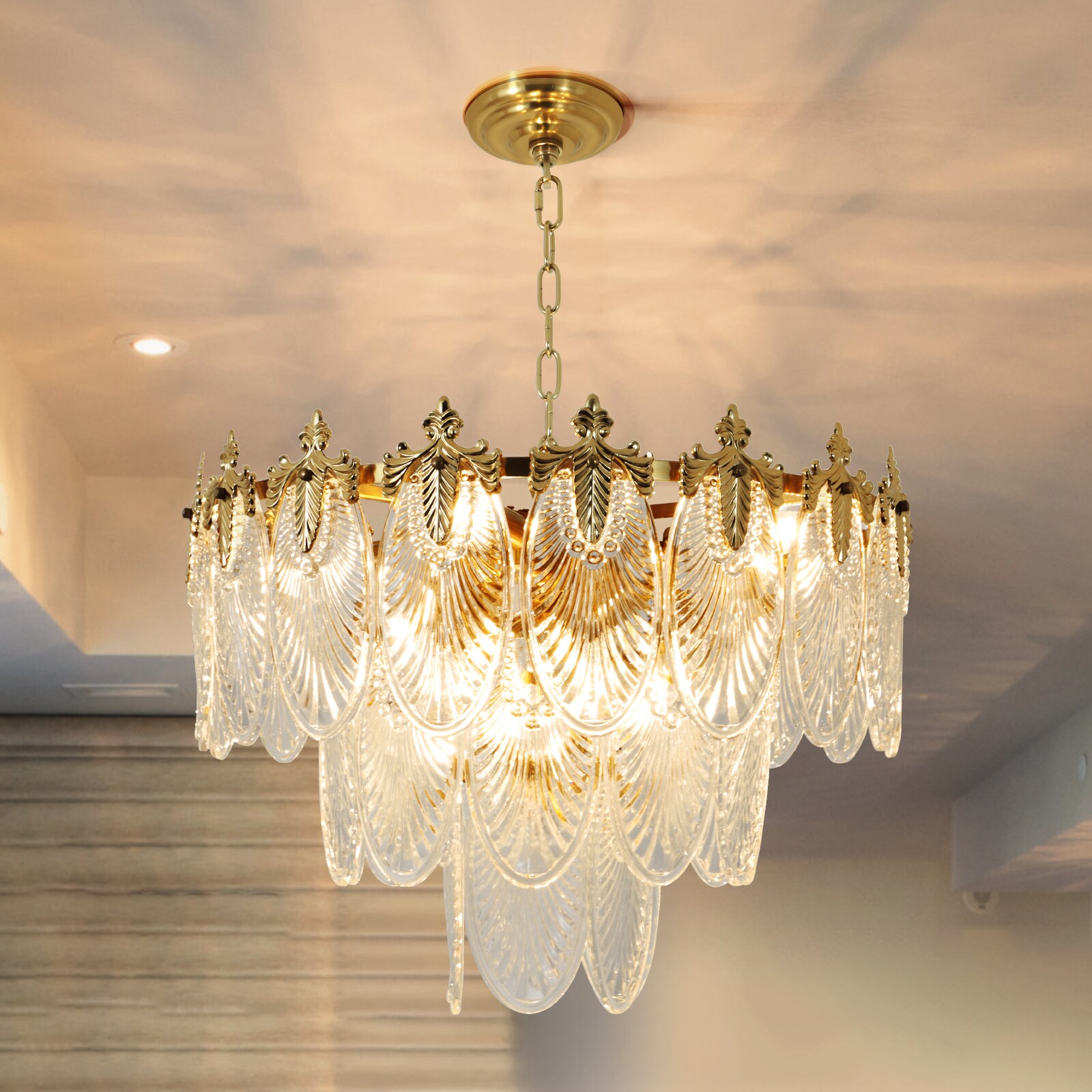 EFPERFECT 8-Light Modern Gold Crystal Chandelier 24 Inch Multi-Tier Flush Mount Ceiling Light for Rooms