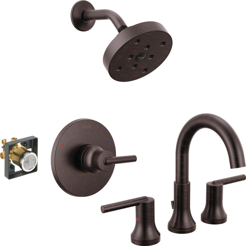 Delta  Trinsic Venetian Bronze Shower Faucet with High Flow Multichoice Uinversal Rough Valve and 2-Handle Widespread Venetian Bronze Bathroom Sink Faucet