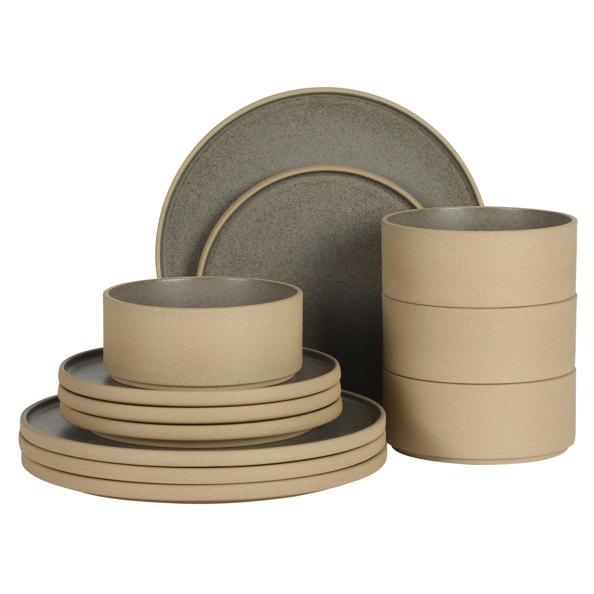 Gibson Elite  Villa Amadora Made in Portugal 12 Piece Dinnerware set for 4 Two Tone Tan and Grey Speckled Stoneware Plates and Bowls Dish Set Includes Dinner Plates Salad Plates and Cereal Bowls