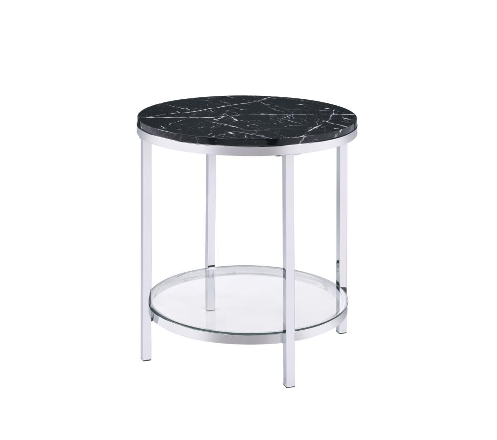 ACME FURNITURE 97877 Virlana 22-in W x 25-in H Faux Black Marble and Chrome Glass Round Modern End Table Assembly Required