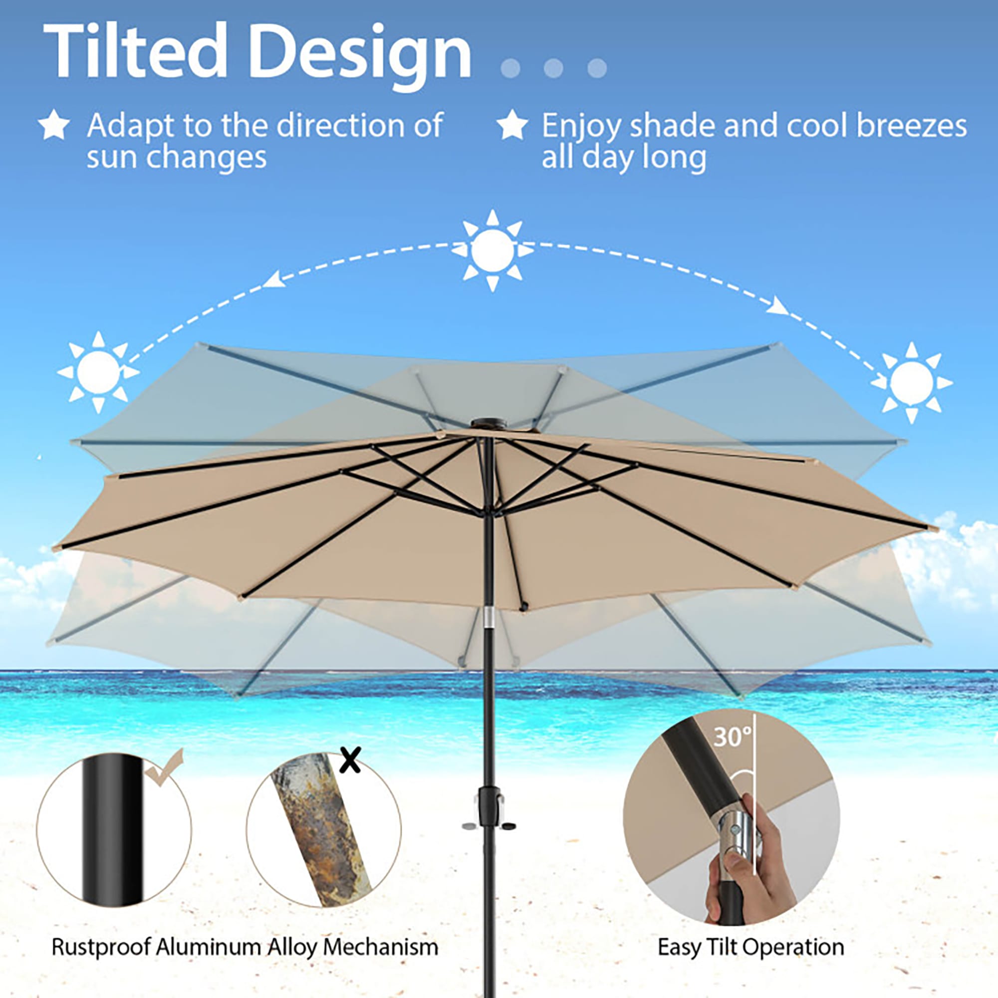 CASAINC 10-ft Steel Beige Crank Market Patio Umbrella with Lights in ...