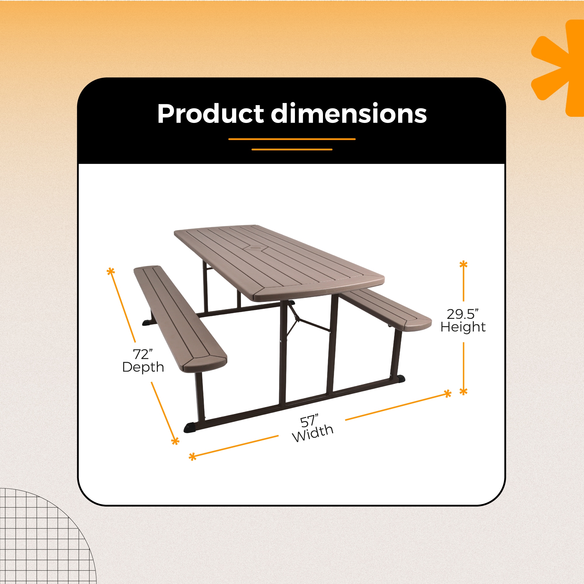 Travis 72" Brown Polypropylene Folding Picnic Table with Benches