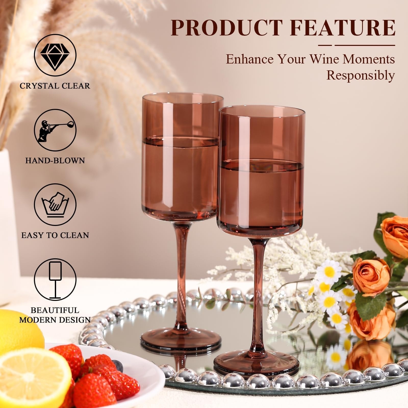 Aoibox  Hand Blown Square Wine Glasses Set of 6 14 oz Lead Free Crystal Brown Amber Colored Long Stem Unique