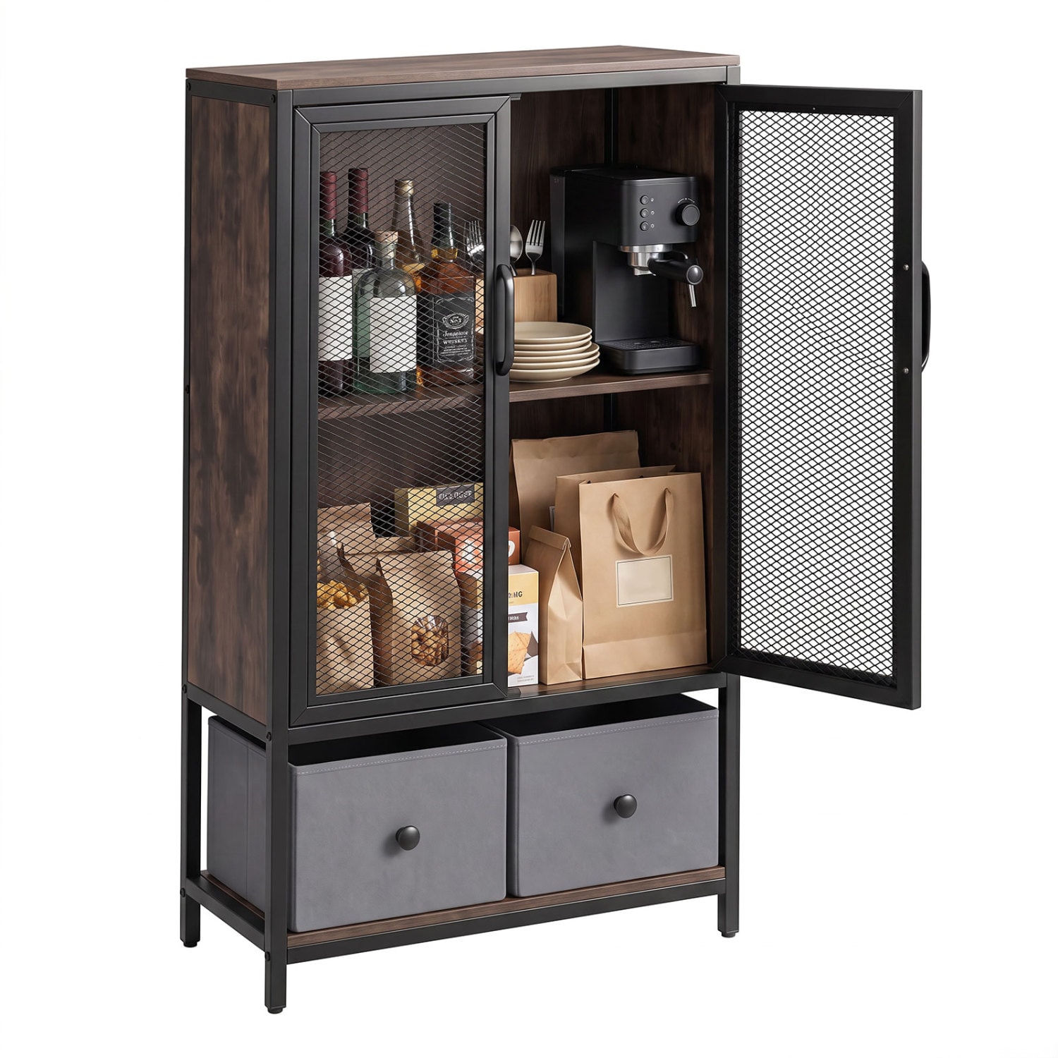 Slickblue 2 Tier Rustic Brown Coffee Bar Cabinet 23.5 inch x 44 inch with Mesh Door and Cloth Drawers for Living Room or Kitchen