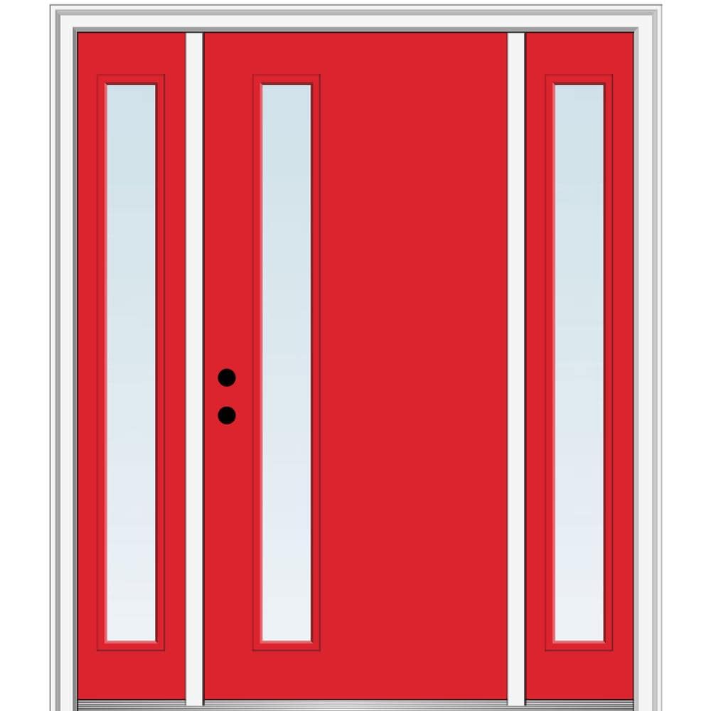 MMI DOOR ZZ345775R Spotlights 64-in x 80-in x 4-9/16-in Fiberglass Pulse lite Right-hand inswing Red Saffron Painted Prehung Front Door with Sidelights with Brickmould Insulating core