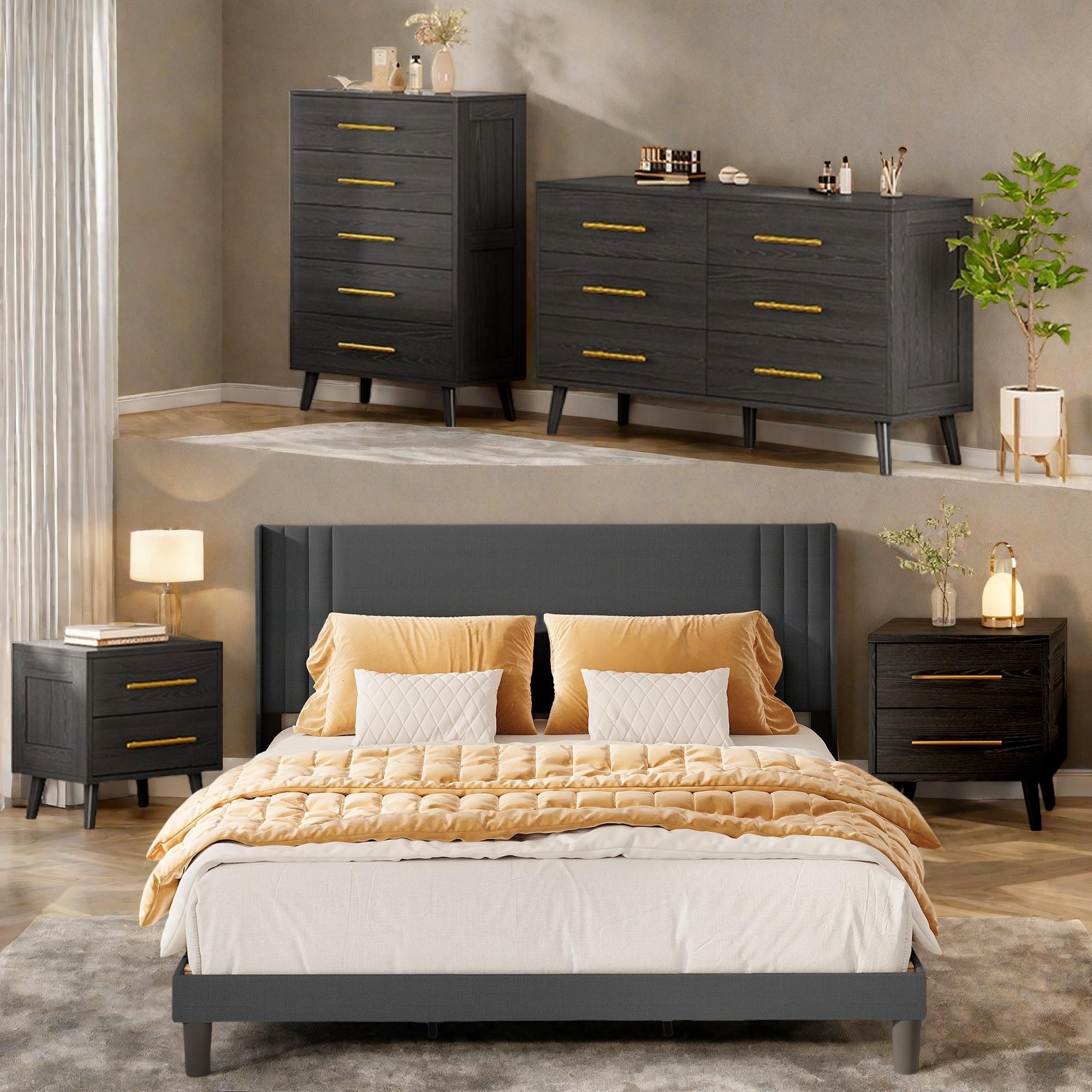 Lofka - 5 Piece Queen Bedroom Set with Upholstered Bed Frame 2 Nightstands 5 Drawer Chest and 6 D...