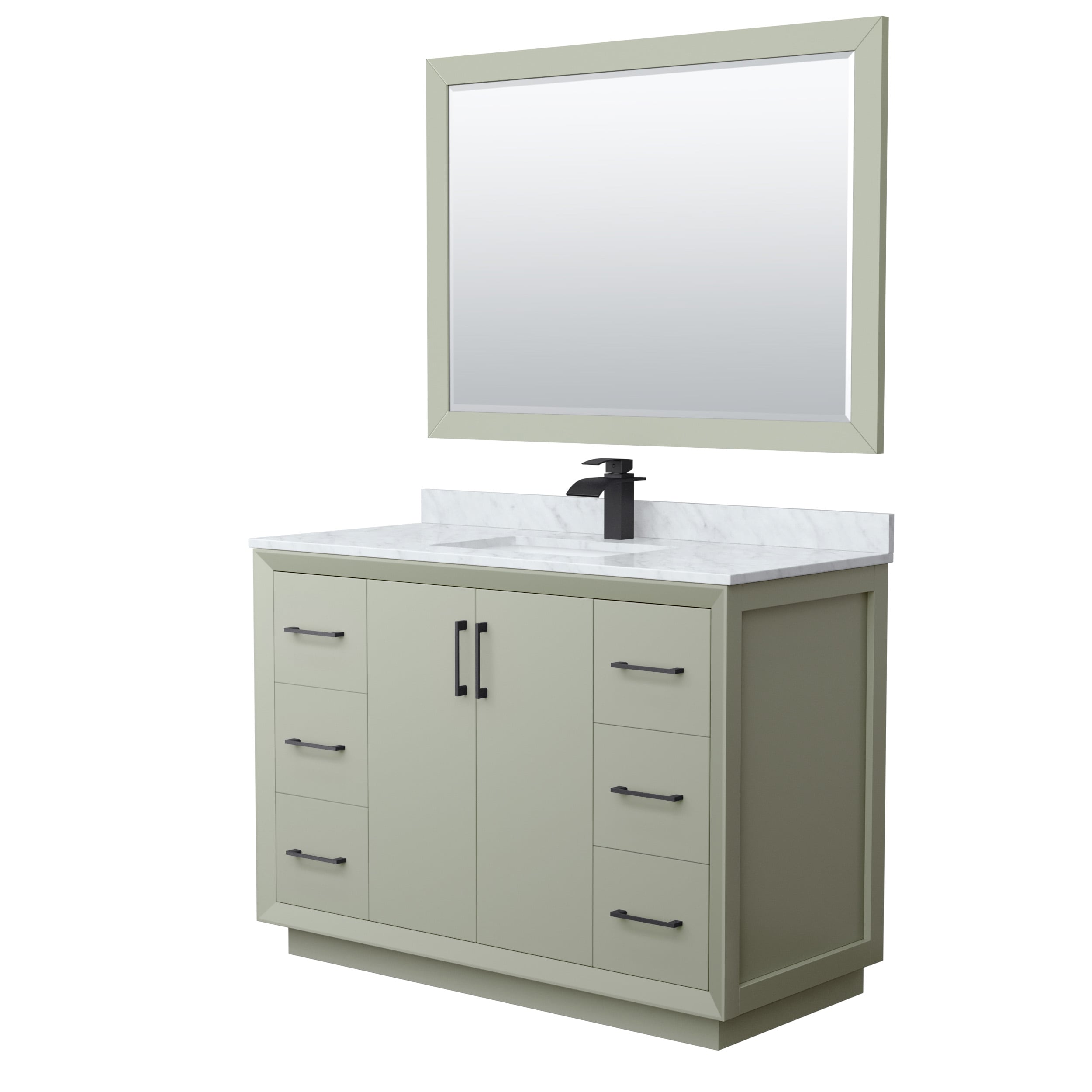 Wyndham Collection WCF414148SLBCMUNSM46 Strada 48-in Light Green with Matte Black Trim Undermount Single sink Bathroom Vanity with White Carrara marble Natural marble Top (Mirror Included)