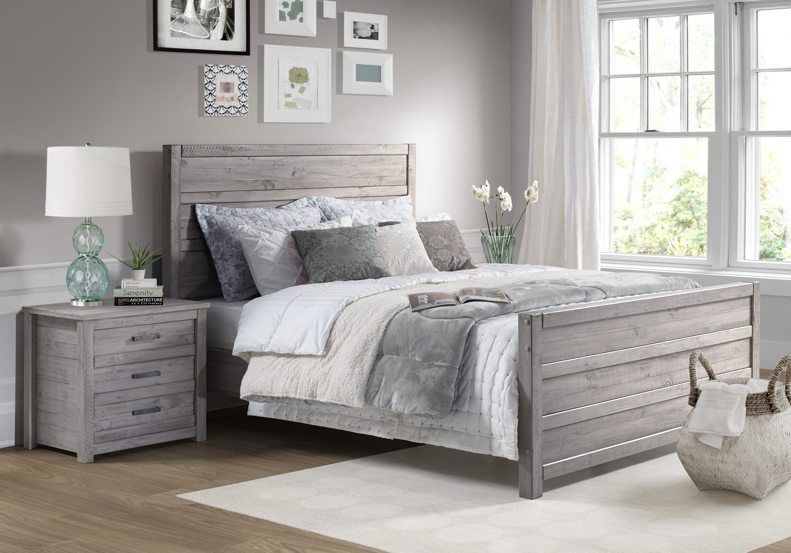 Carmel Queen Antique Gray Pine Wood Bed Frame