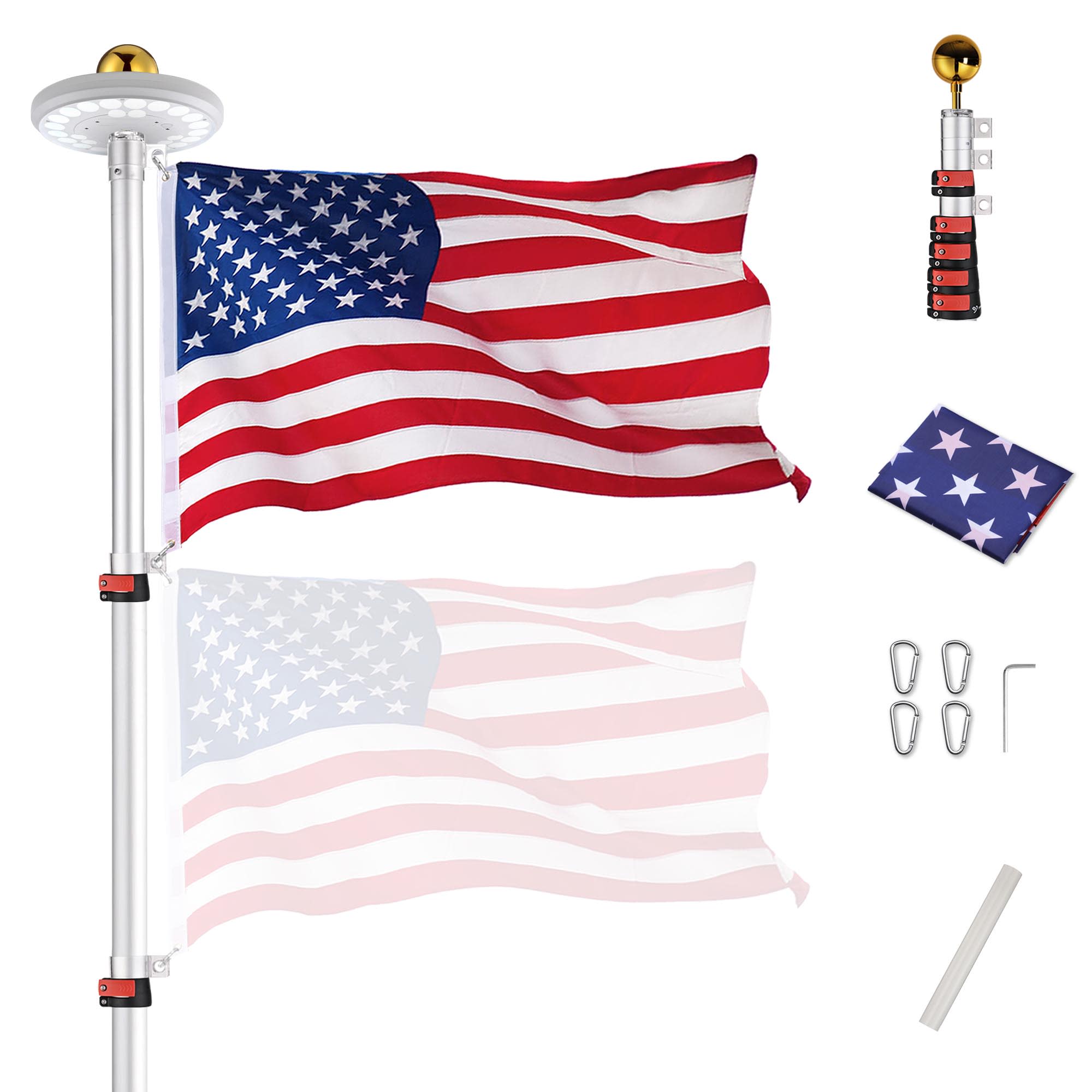 Yescom 22FLPSET039-30-11-LO EZ GO 30 Ft Telescopic Flag Pole Kit with 26 LED Solar Light US Flag Gold Ball