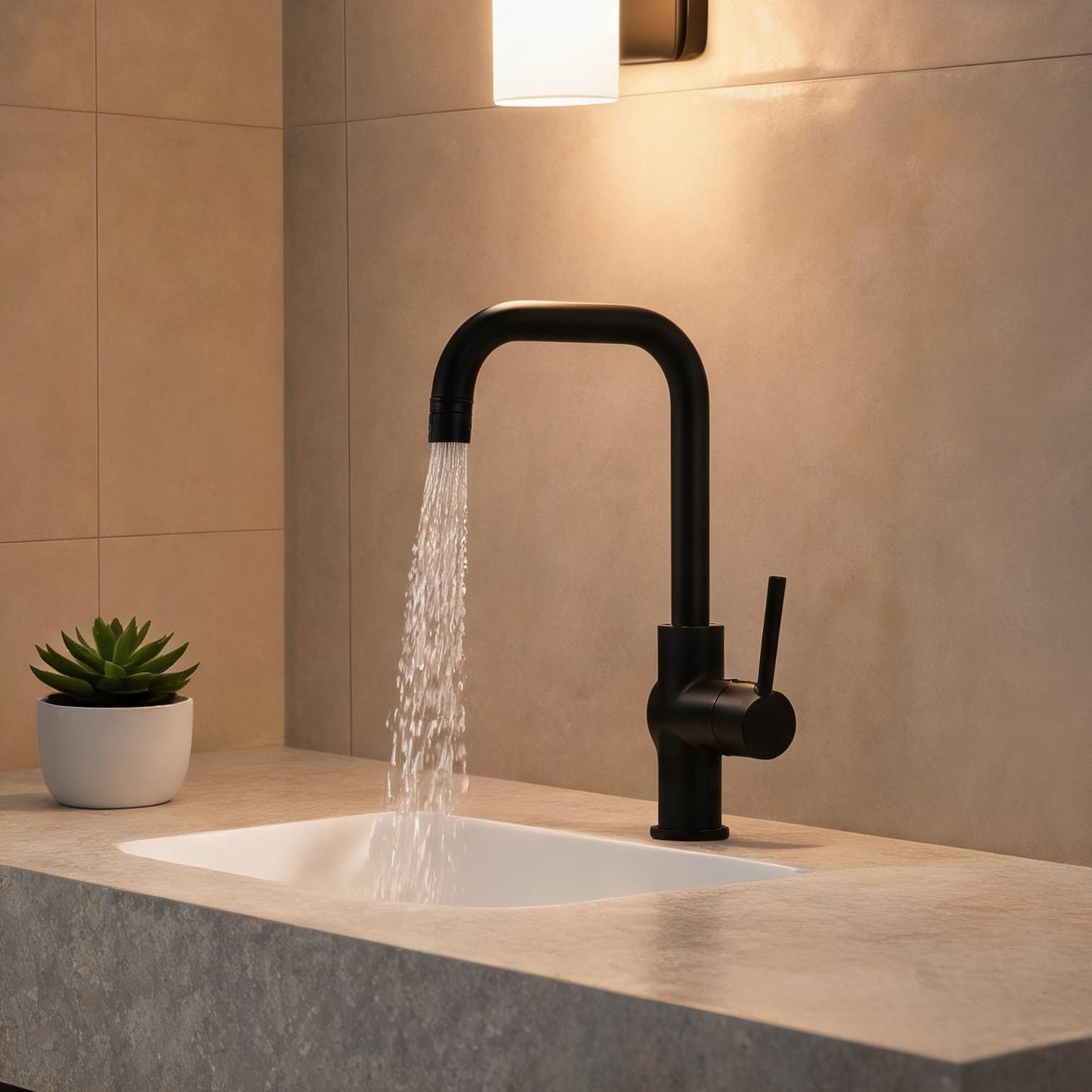 Naturefalls - Brass Single-Hole Gooseneck Kitchen Faucet in Sleek Black with Lever Handle