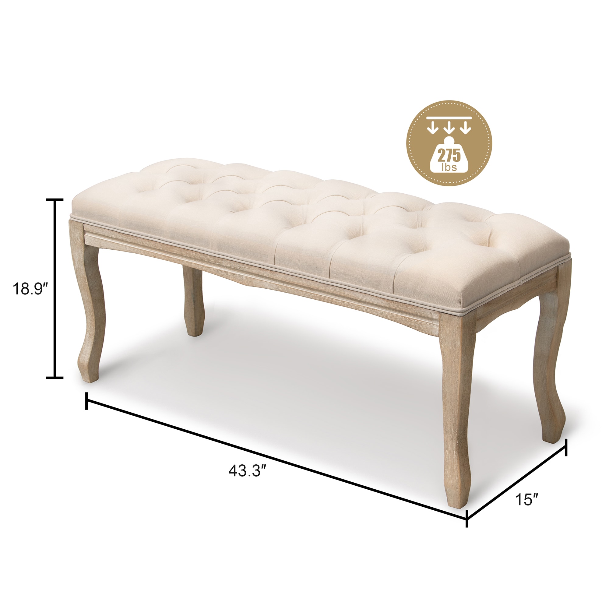 Mid-Century Tufted Beige Linen Upholstered Bed Bench
